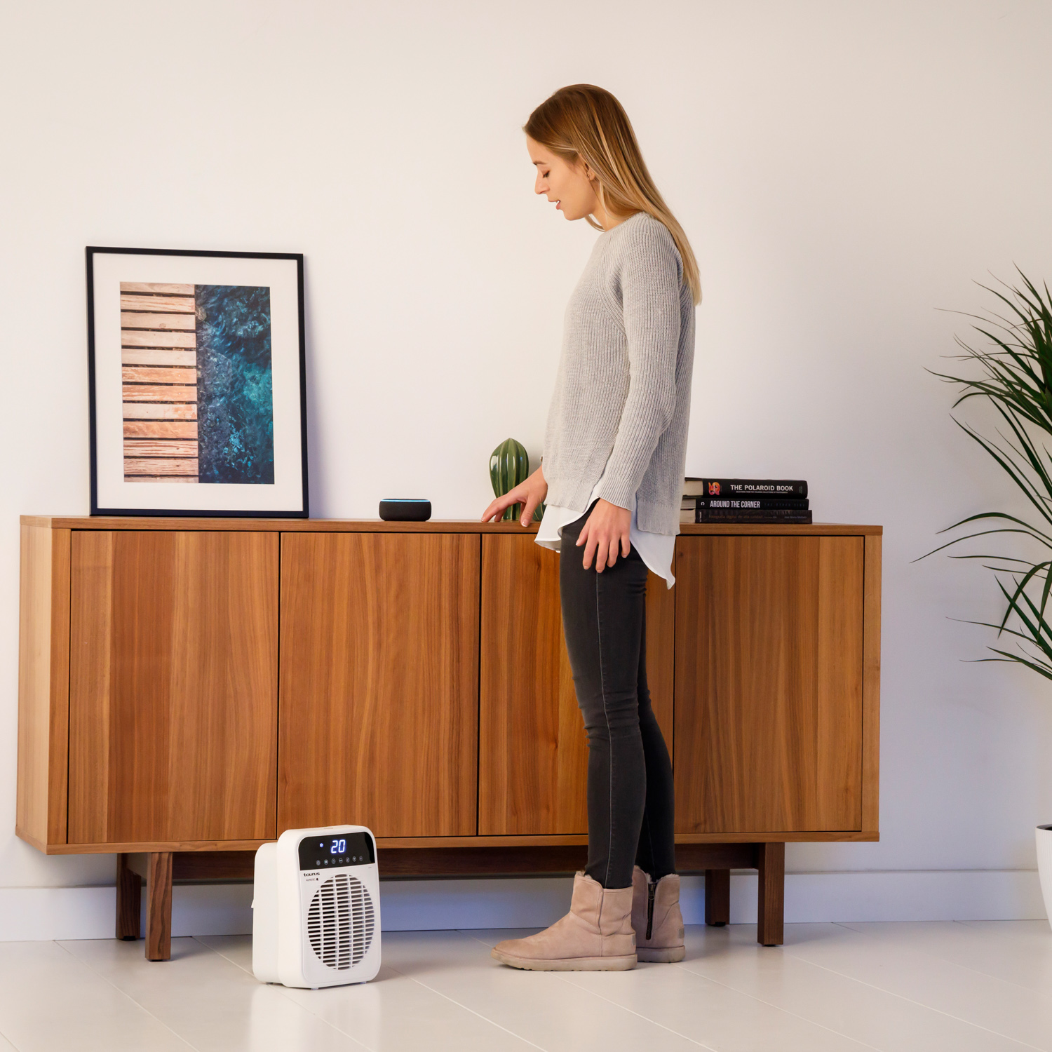 Una donna è in piedi vicino a un mobile in legno, interagendo con un altoparlante intelligente. Un riscaldatore è sul pavimento e una foto è appesa al mobile.