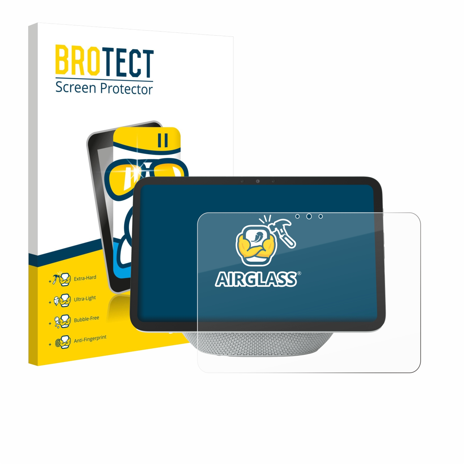 Eine Displayschutzfolienbox und ein Tablet mit einer Displayschutzfolie sind sichtbar. Auf der Box steht BROTECT Screen Protector.