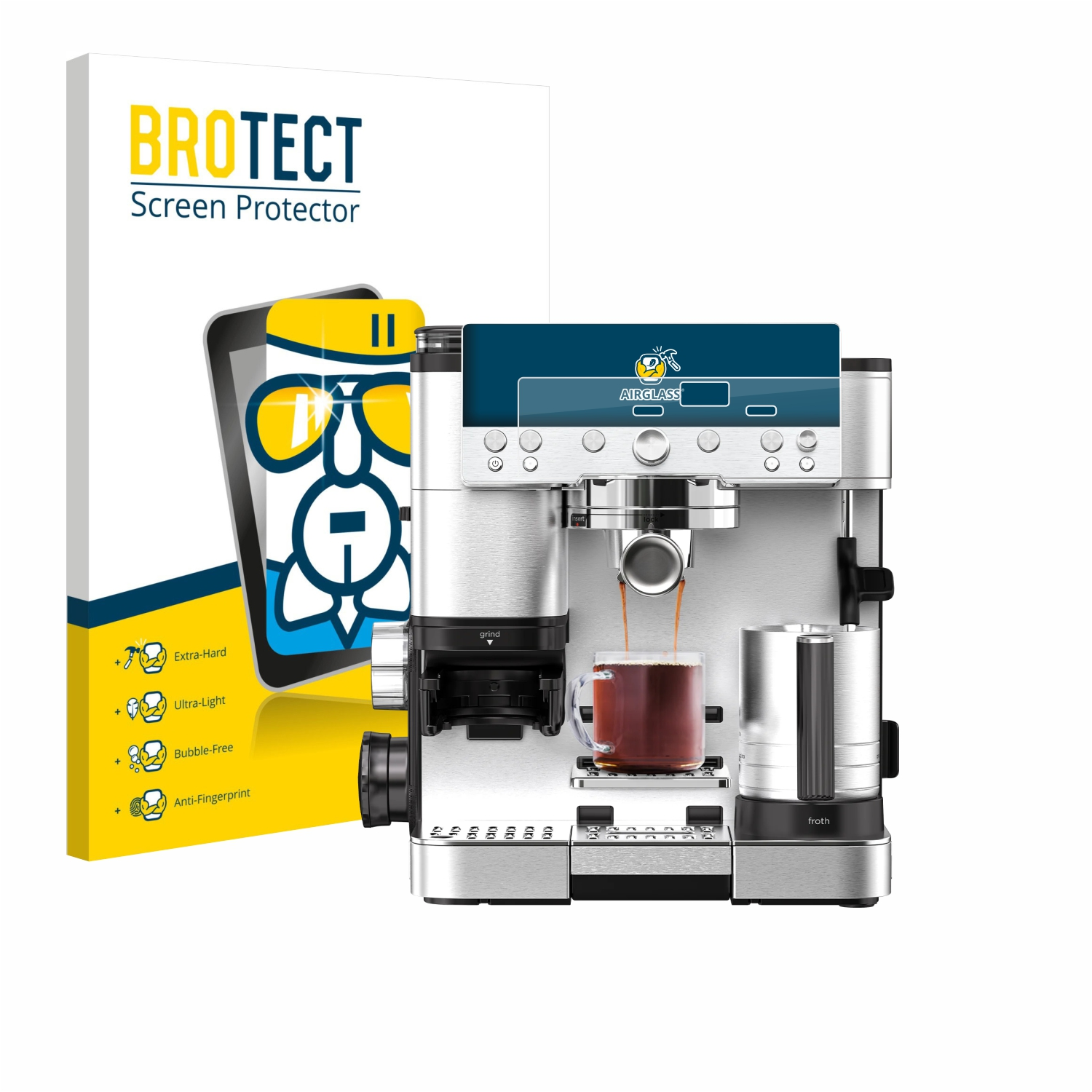 Eine Kaffeemaschine brüht Kaffee in eine Glastasse. Links ist eine Displayschutzfolienbox.