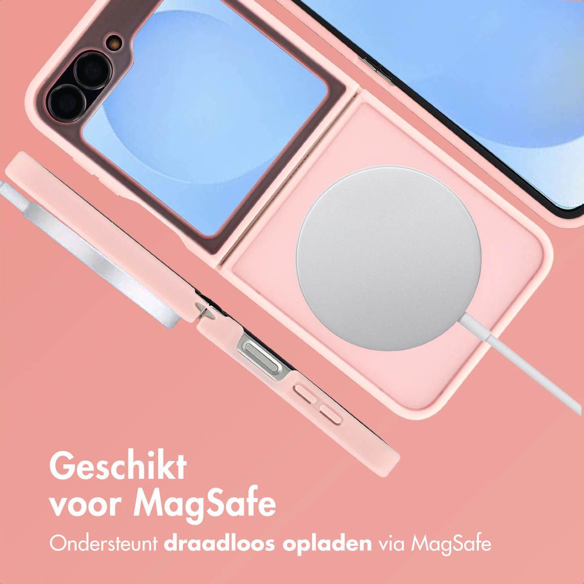Roze telefoonhoesje en oplader. Tekst luidt 'Geschikt voor MagSafe' en 'Ondersteunt draadloos opladen via MagSafe'.