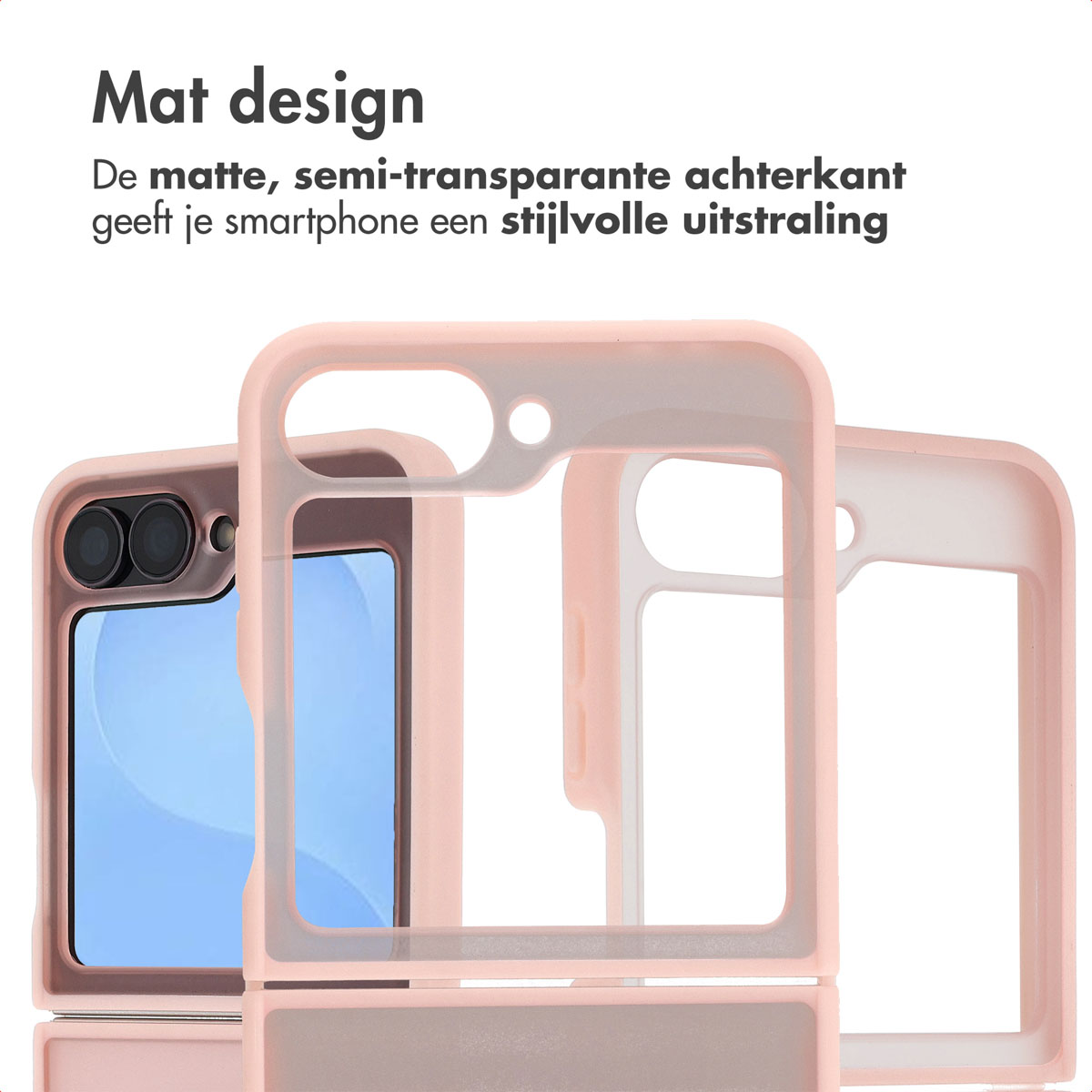 Drie telefoonhoesjes: één met een telefoon, twee leeg. Ze zijn roze en wit. Bovenin staat 'Mat design'.