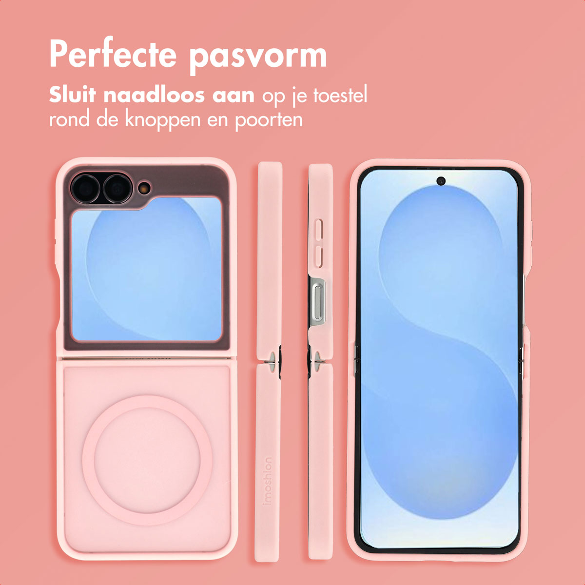 Roze telefoonhoesjes set. Bevat de telefoon in meerdere posities. De tekst zegt 'Perfecte pasvorm'. De achtergrond is roze.