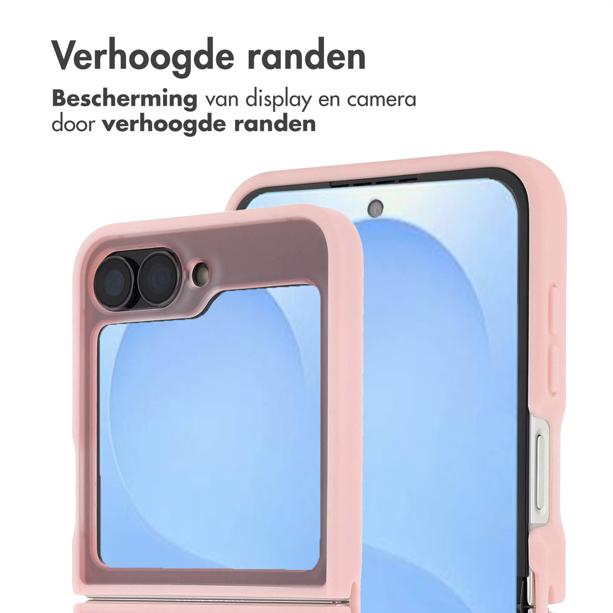 Roze telefoonhoesje met opstaande randen die het scherm en de camera beschermen. De telefoon is zichtbaar in de hoes.