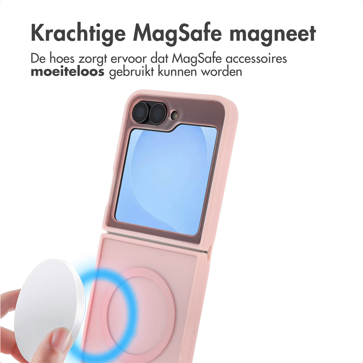 Een roze telefoonhoesje met een witte magneetschijf. Nederlandse tekst: 'Krachtige MagSafe-magneet'.