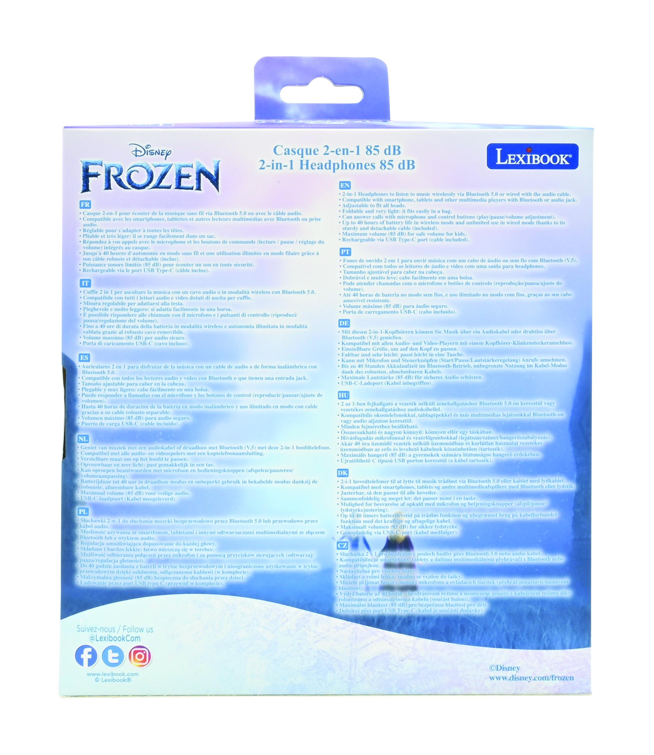 Słuchawki Frozen w białym pudełku, niebieskie logo Frozen, szczegóły produktu i logo Lexibook.