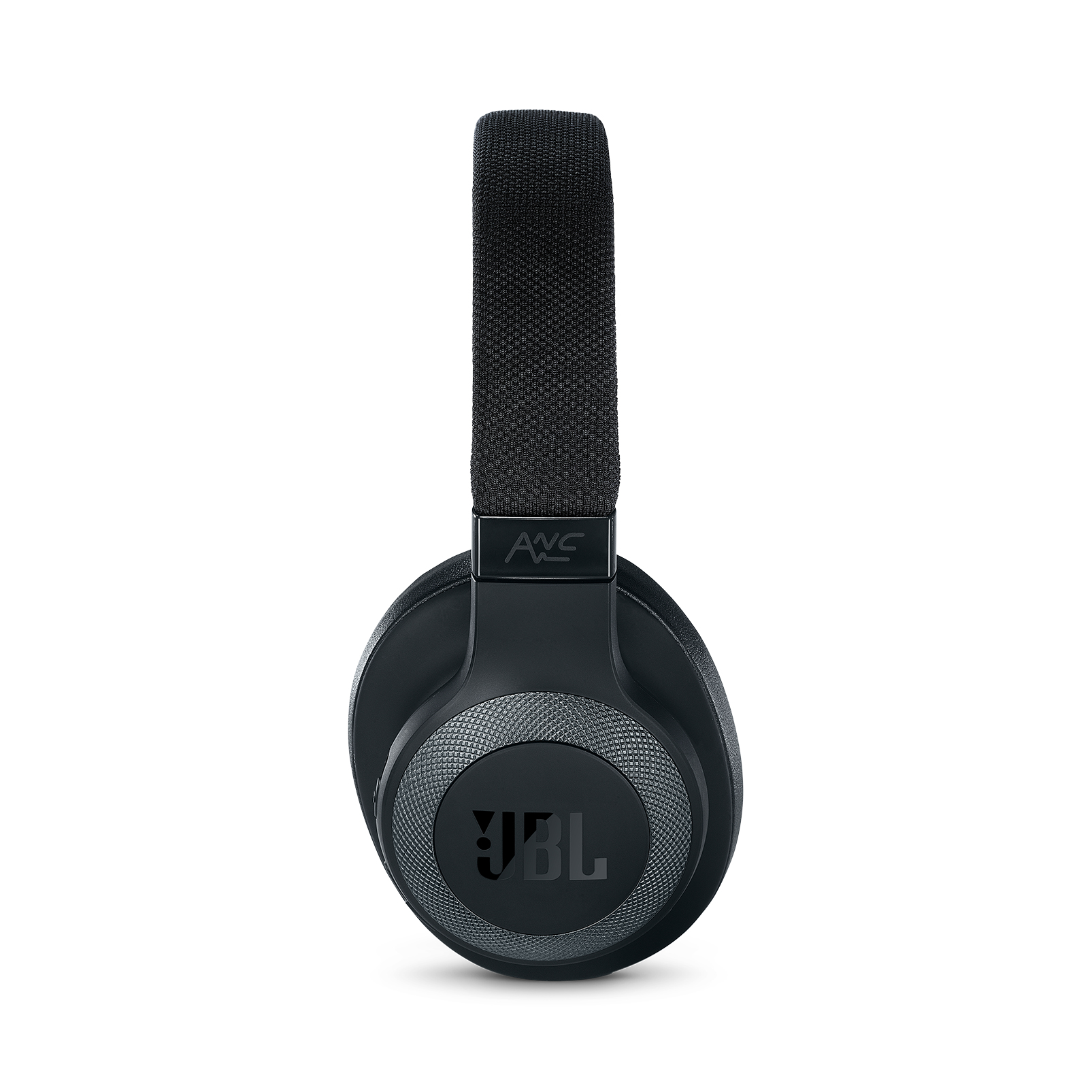 Cuffie JBL nere su sfondo bianco. L'archetto è in tessuto nero. I padiglioni sono neri con il logo JBL.