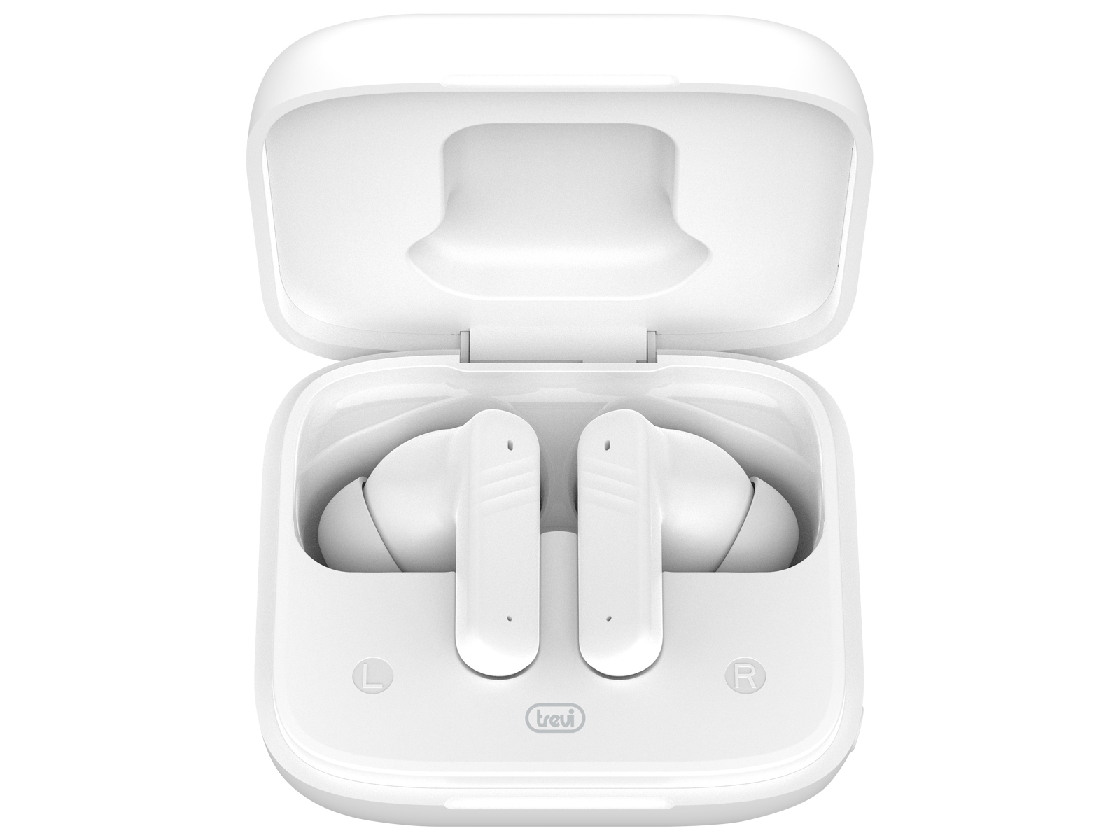 Białe słuchawki douszne Trevi w otwartym białym etui ładującym. Etui ma pokrywę, a słuchawki są oznaczone literami L i R.
