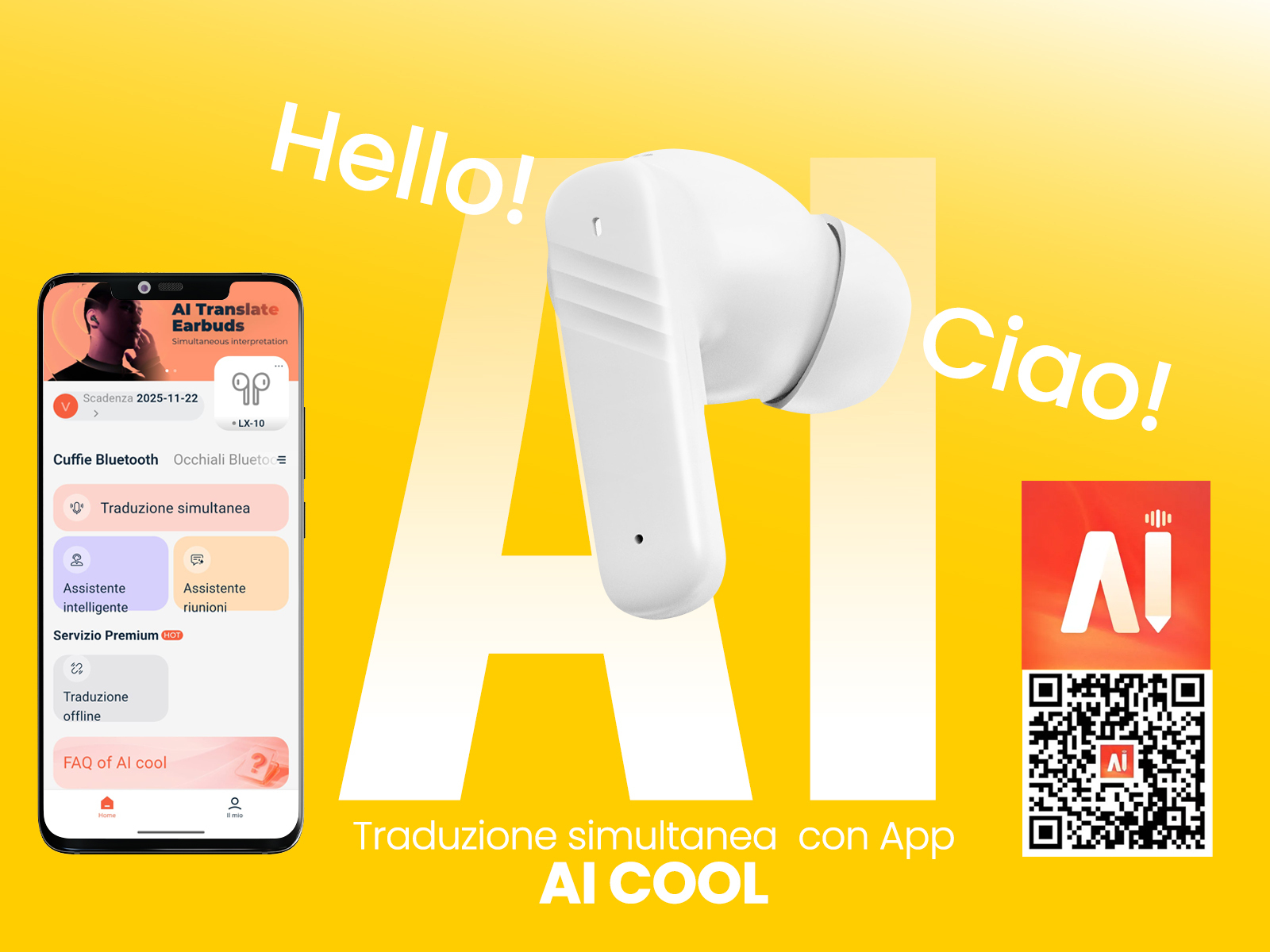 Obraz przedstawia słuchawki, telefon z interfejsem aplikacji i tekstem w języku włoskim, wszystko na żółtym tle. Aplikacja służy do tłumaczenia.