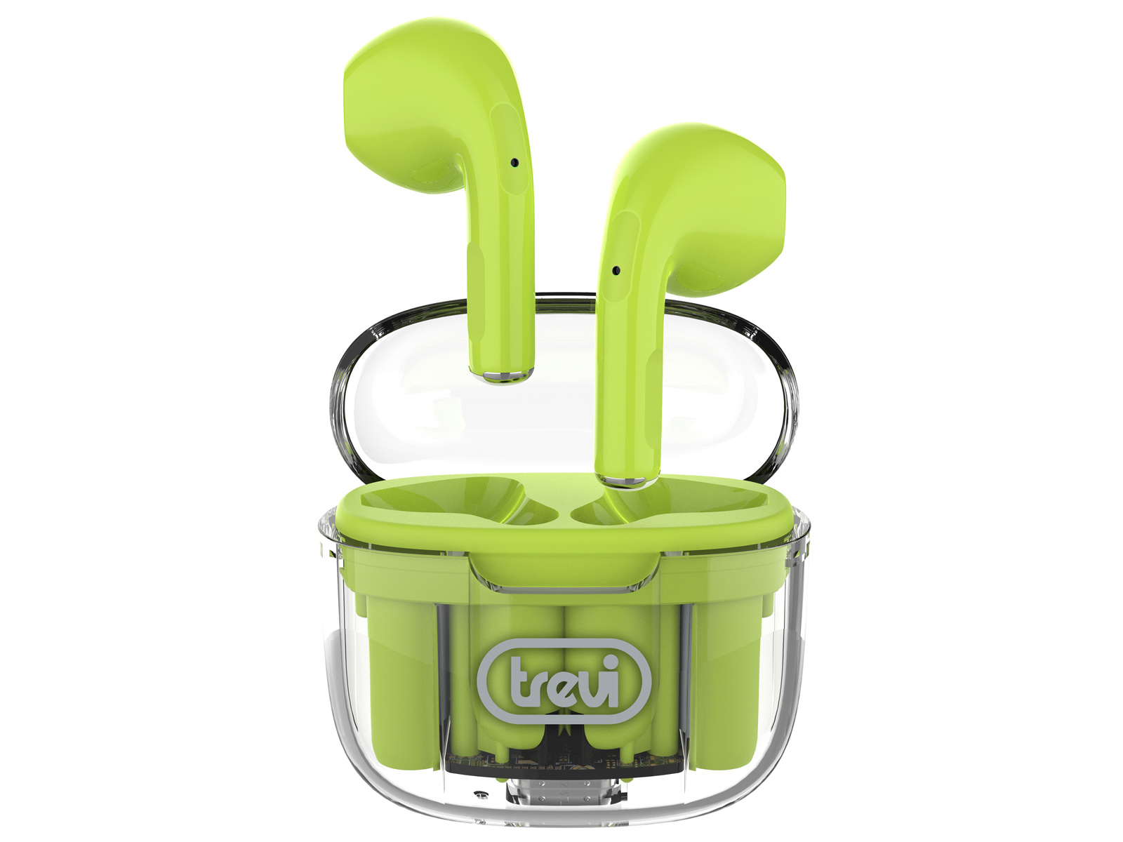 Auricolari wireless verde lime in una custodia trasparente. La custodia è aperta, mostrando gli auricolari e i componenti di ricarica. Sfondo bianco.