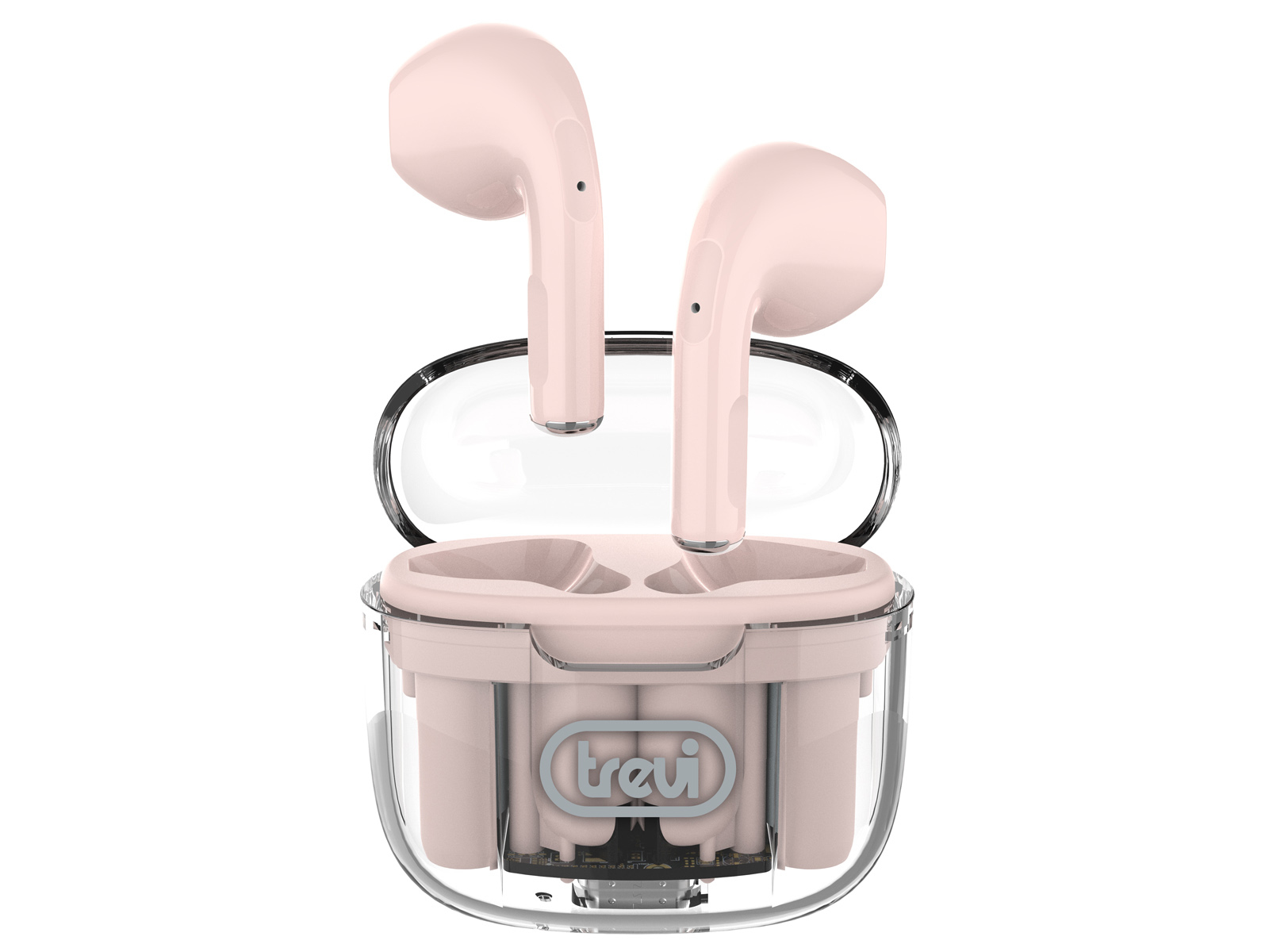 Auricolari wireless rosa in una custodia trasparente. La custodia è aperta, mostrando gli auricolari e le fessure di ricarica.