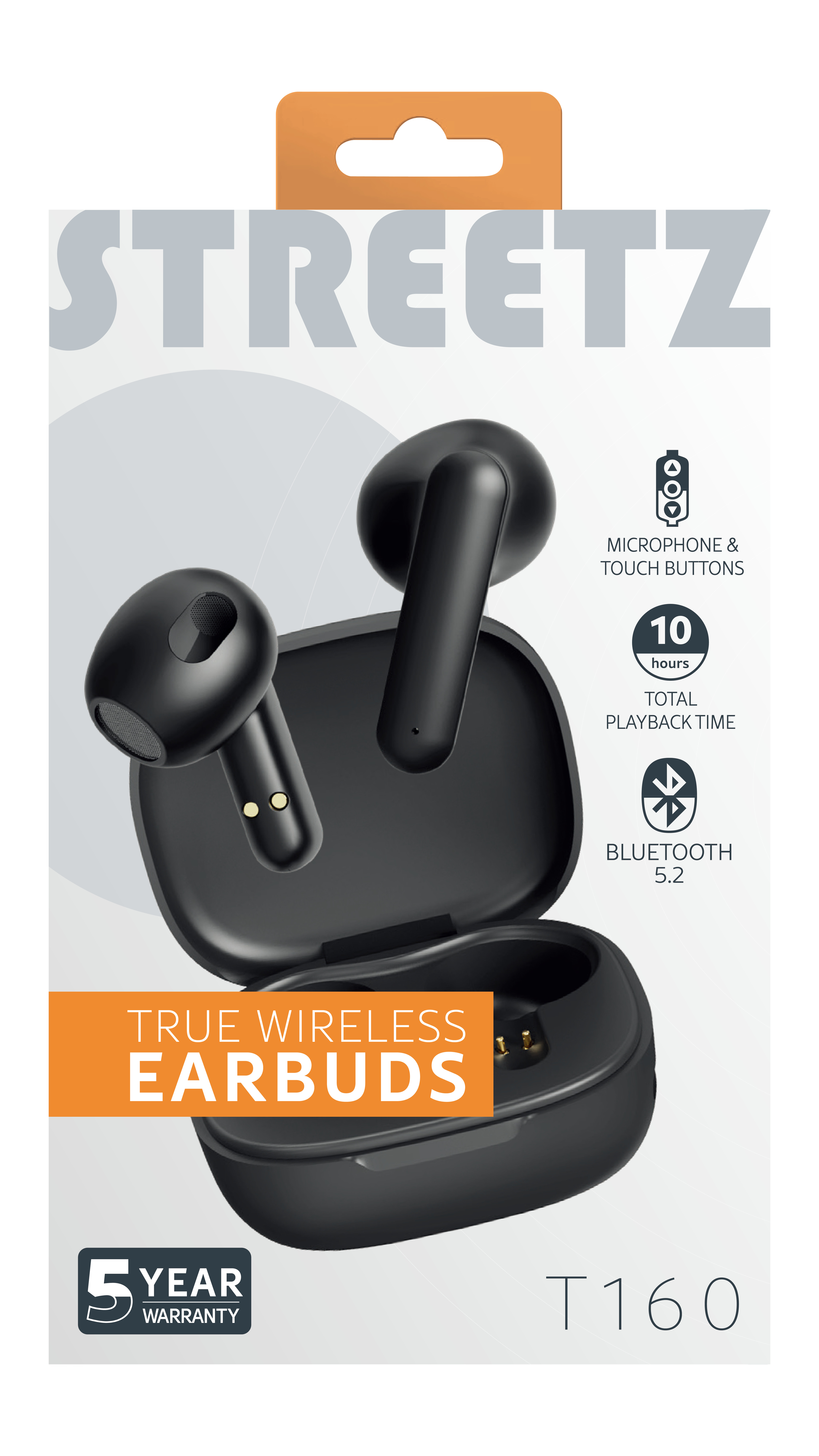 Una scatola con auricolari neri e il nome STREETZ. Le caratteristiche includono pulsanti touch, 10 ore di riproduzione e Bluetooth 5.2.