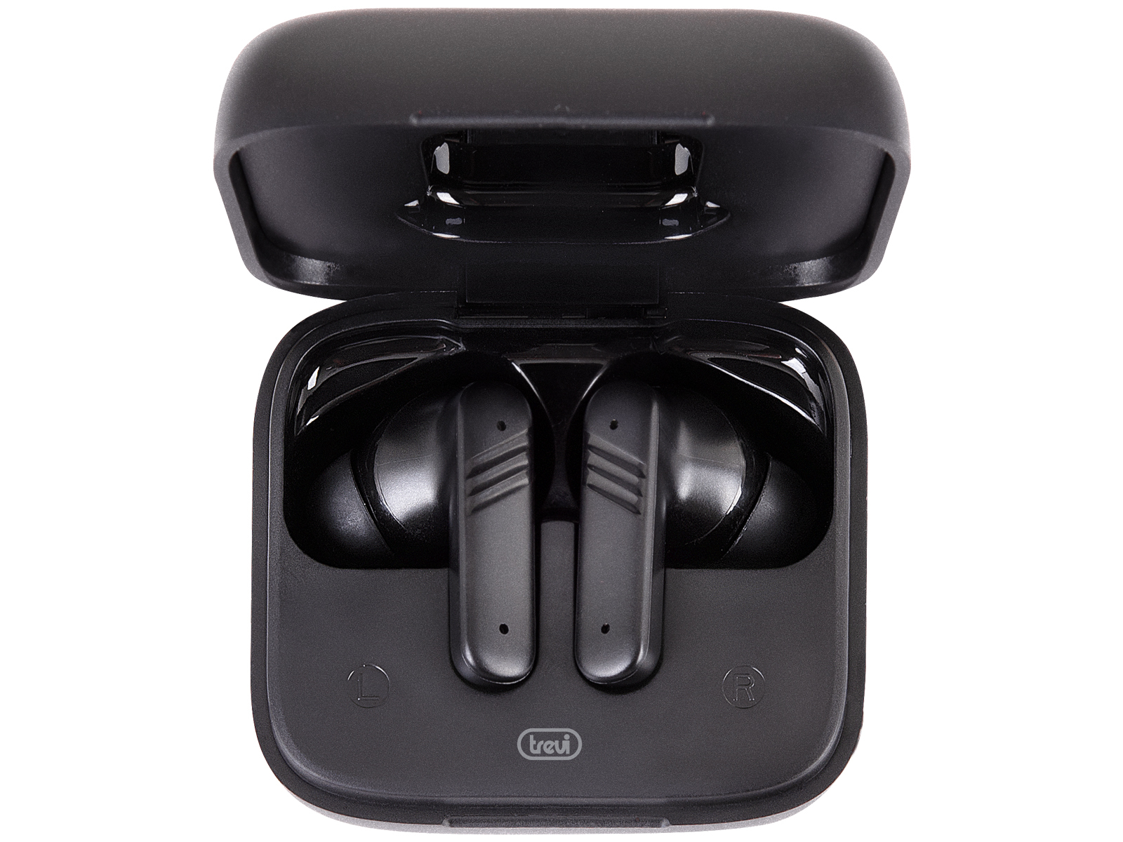 Otwarty czarny futerał na słuchawki z dwoma czarnymi słuchawkami w środku. Etui jest otwarte, pokazując słuchawki w ich gniazdach ładowania.