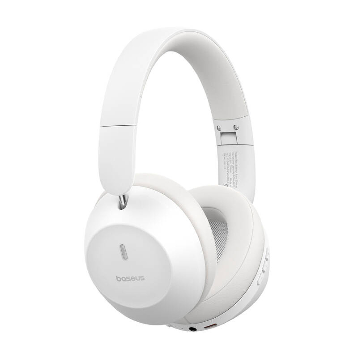 Weiße Baseus-Kopfhörer. Die Over-Ear-Kopfhörer haben ein gepolstertes Kopfband und Ohrmuscheln. Der Markenname ist sichtbar.