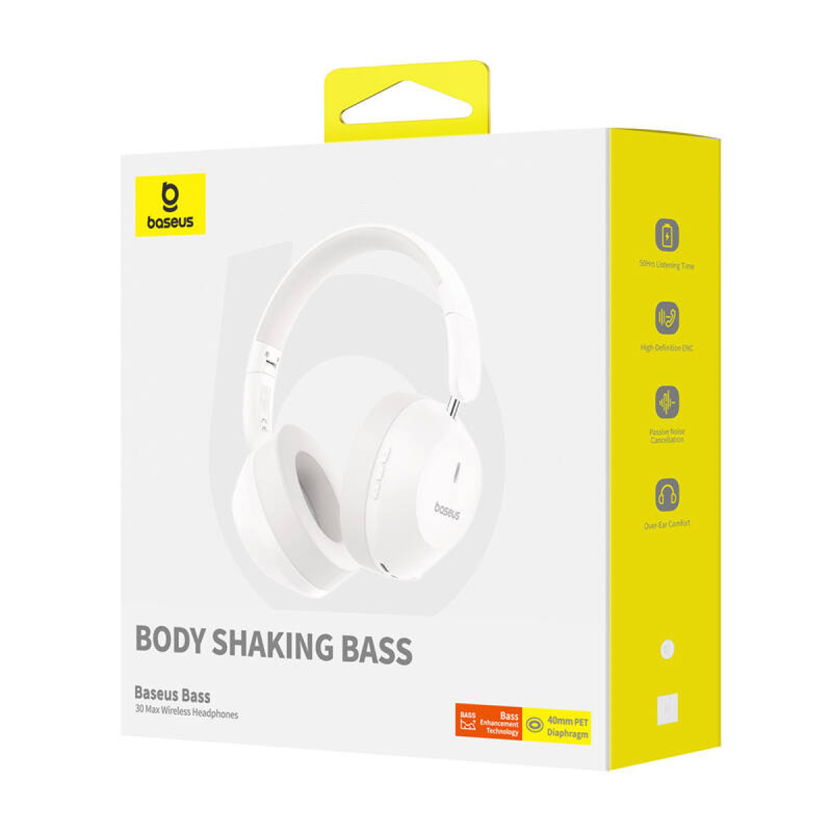 Weiße Baseus-Kopfhörer auf einer Box. Text lautet: Body Shaking Bass. Zu den Merkmalen gehören Geräuschunterdrückung und Over-Ear-Komfort.