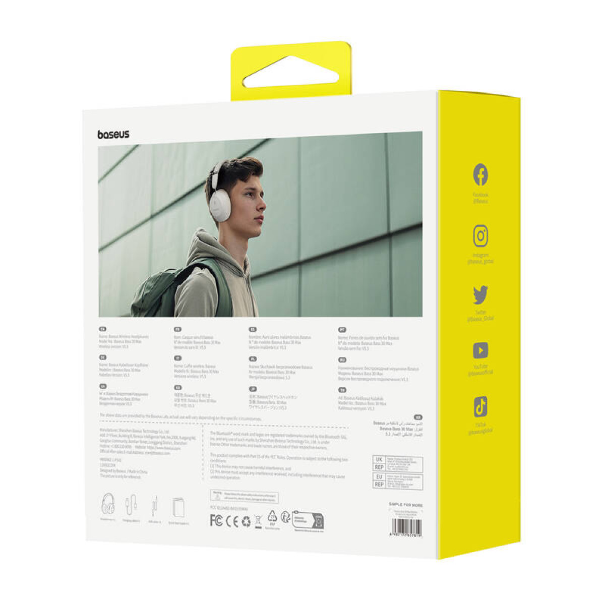 Box mit Baseus-Kopfhörern. Ein Mann mit Kopfhörern ist auf der Box abgebildet. Der Hintergrund ist weiß und gelb, mit Social-Media-Symbolen.