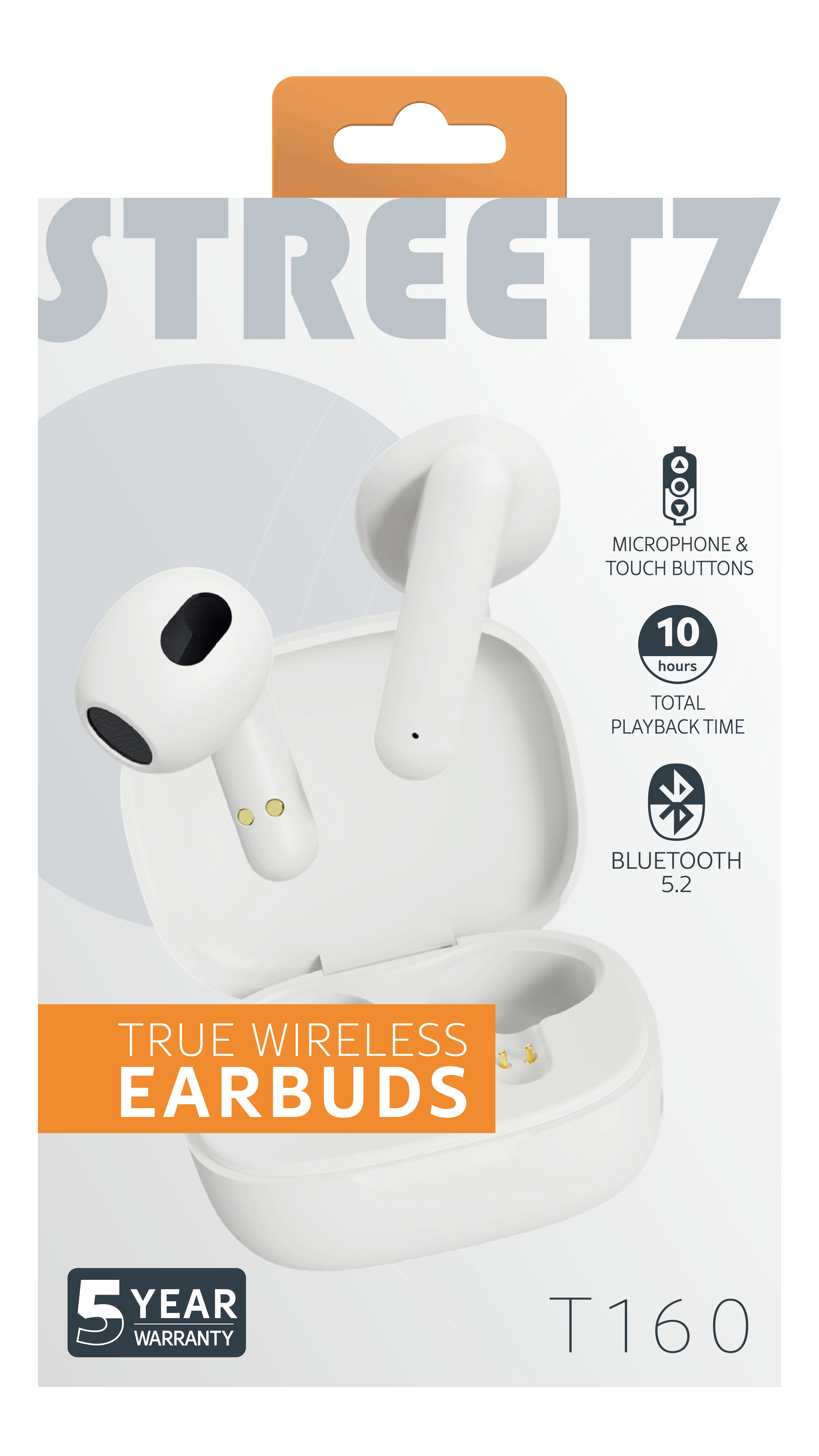 Auricolari bianchi in una custodia di ricarica, con testo 'STREETZ', 'TRUE WIRELESS EARBUDS' e icone che indicano funzioni e garanzia.