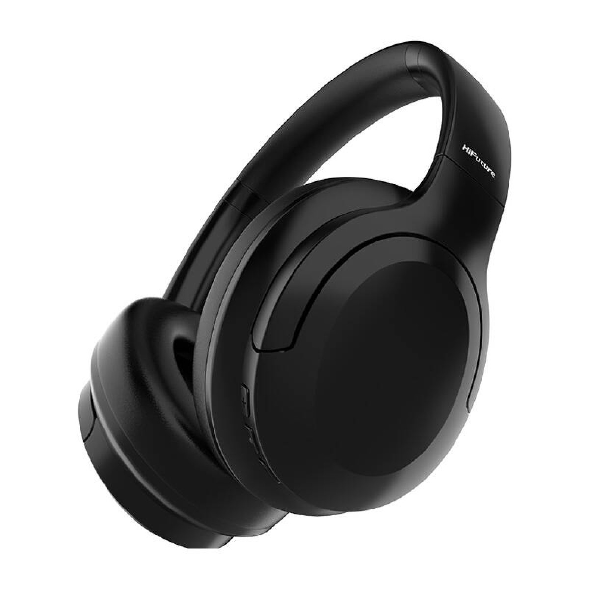 Gros plan sur un casque HiFuture noir. Le casque est sur fond blanc, montrant le côté et le dessus de l'appareil.