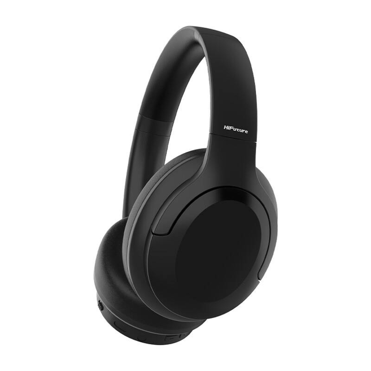 Une paire d'écouteurs noirs HiFuture. Les écouteurs sont de type supra-auriculaire avec un bandeau et des oreillettes rembourrés. Le fond est blanc.