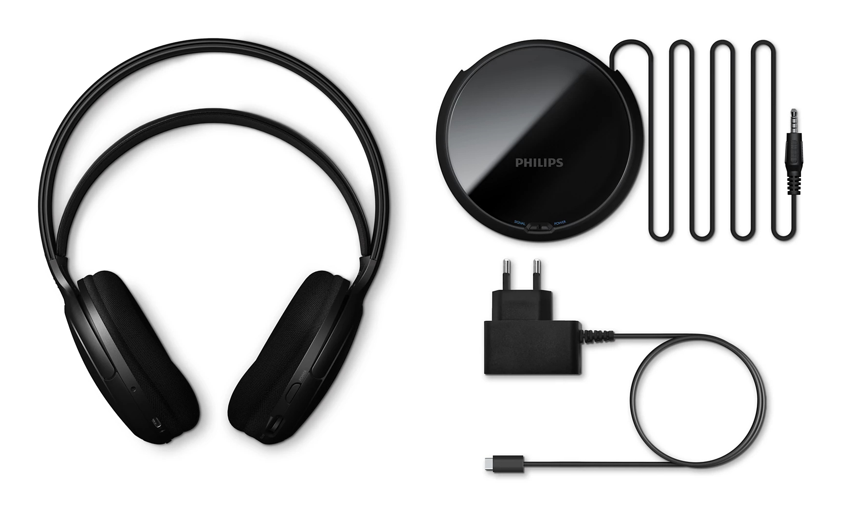 Casque noir, un appareil audio Philips et des accessoires d'alimentation sur fond blanc. Comprend un chargeur et un câble.