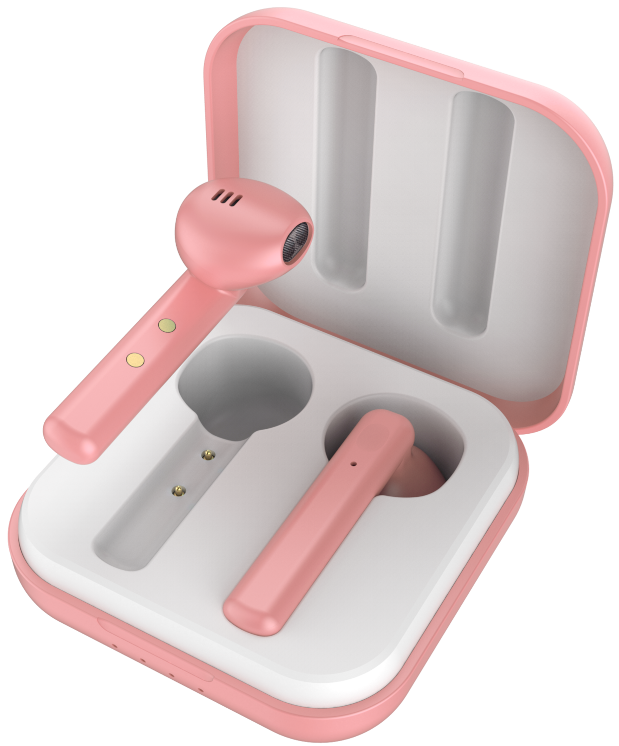 Auricolari rosa in una custodia di ricarica aperta. Un auricolare è fuori dalla custodia. La custodia e gli auricolari hanno una finitura lucida.