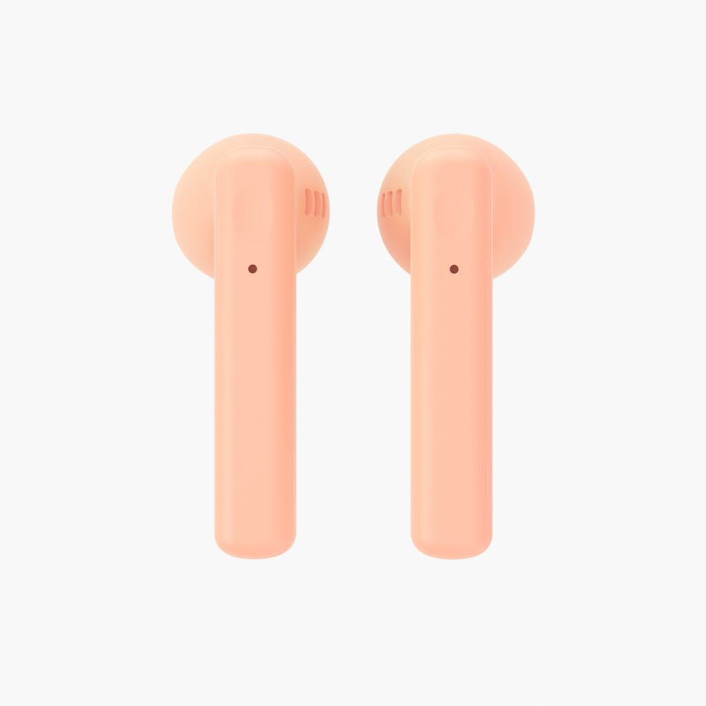 Due auricolari wireless color pesca su sfondo bianco. Ogni auricolare ha una parte superiore arrotondata e un gambo lungo e rettangolare.