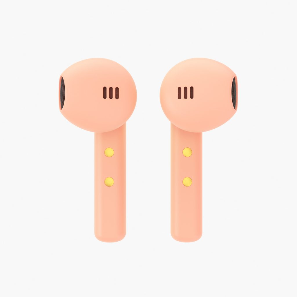 Due auricolari wireless color pesca su sfondo bianco. Ognuno ha una parte superiore rotonda, uno stelo e piccoli puntini gialli.
