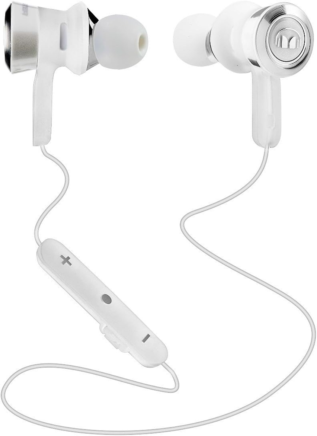 Cuffie in-ear bianche con pannello di controllo. Dettagli argentati sugli auricolari. Cavi collegano gli auricolari al pannello.