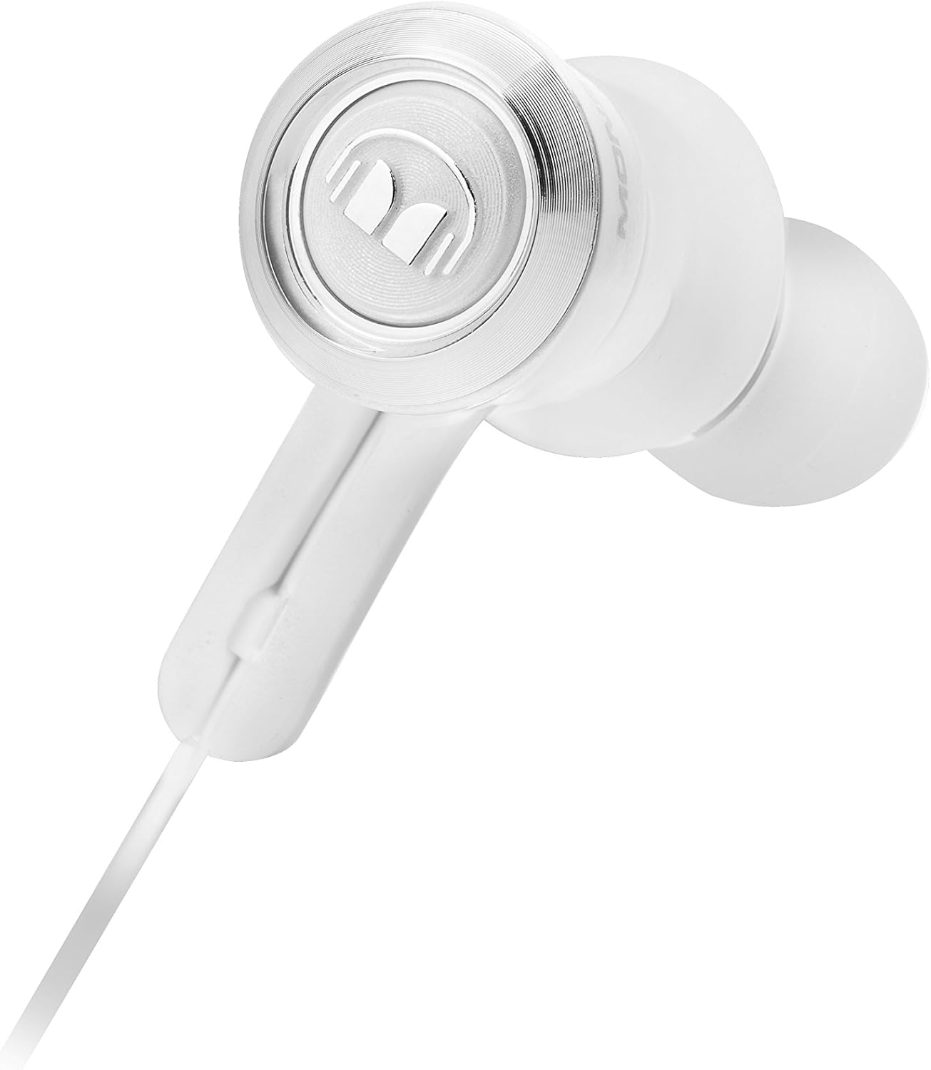 Auricolari bianchi con accento argentato e logo. Il cavo è bianco. Lo sfondo è bianco.