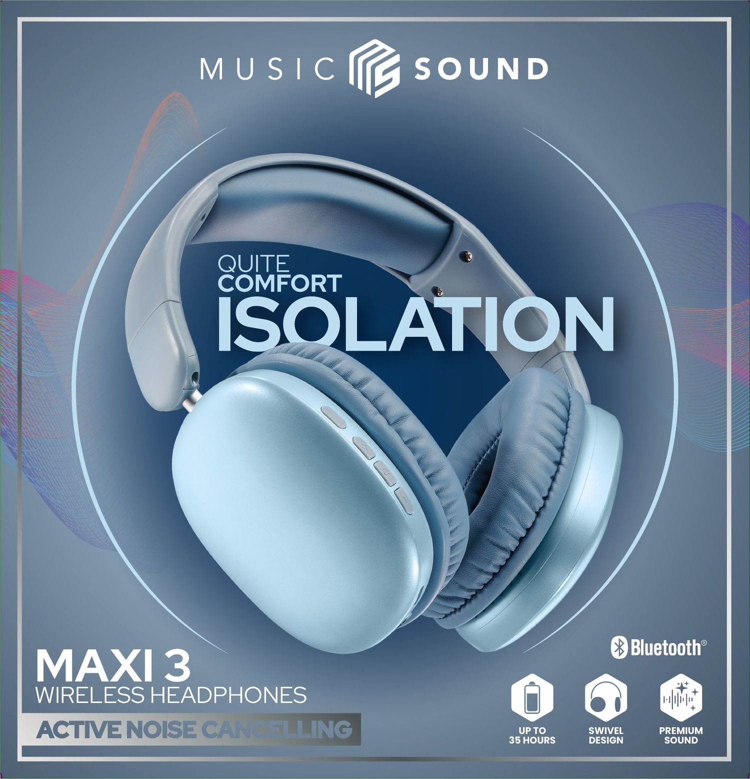 Ein hellblauer kabelloser Kopfhörer mit dem Wort ISOLATION. Der Text unten lautet MAXI 3 WIRELESS HEADPHONES, ACTIVE NOISE CANCELLING.