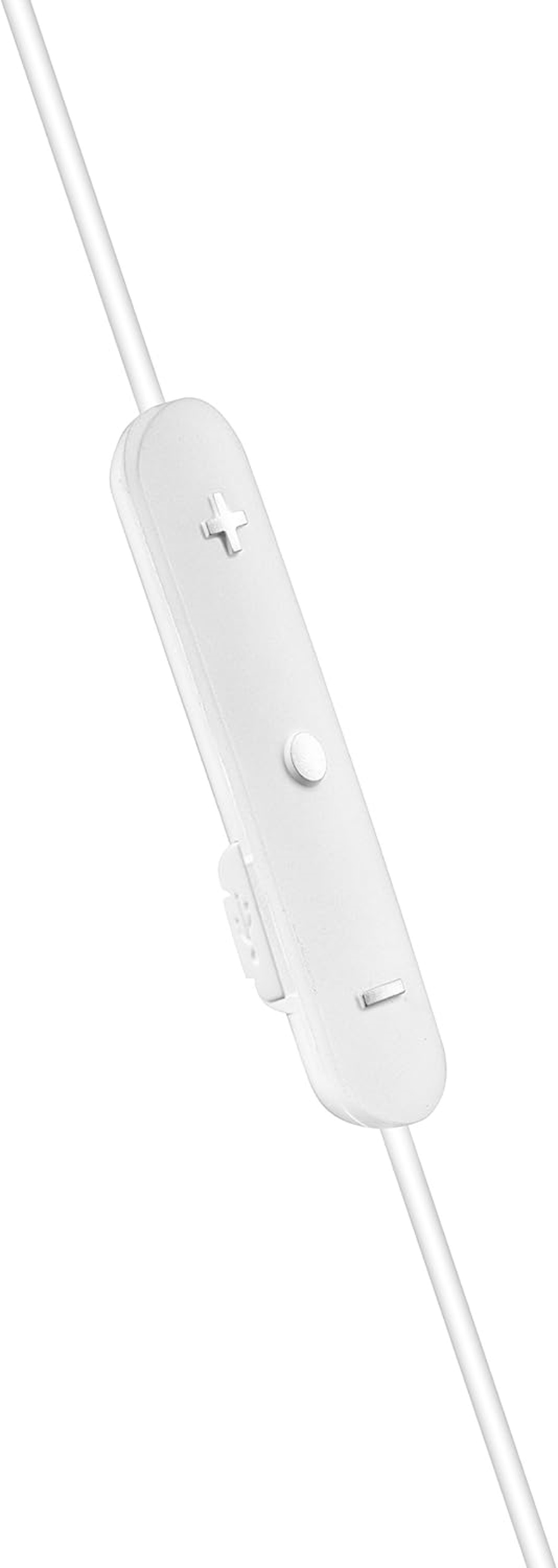 Telecomando in linea bianco con pulsanti e un segno più, collegato a un cavo bianco, su sfondo bianco.