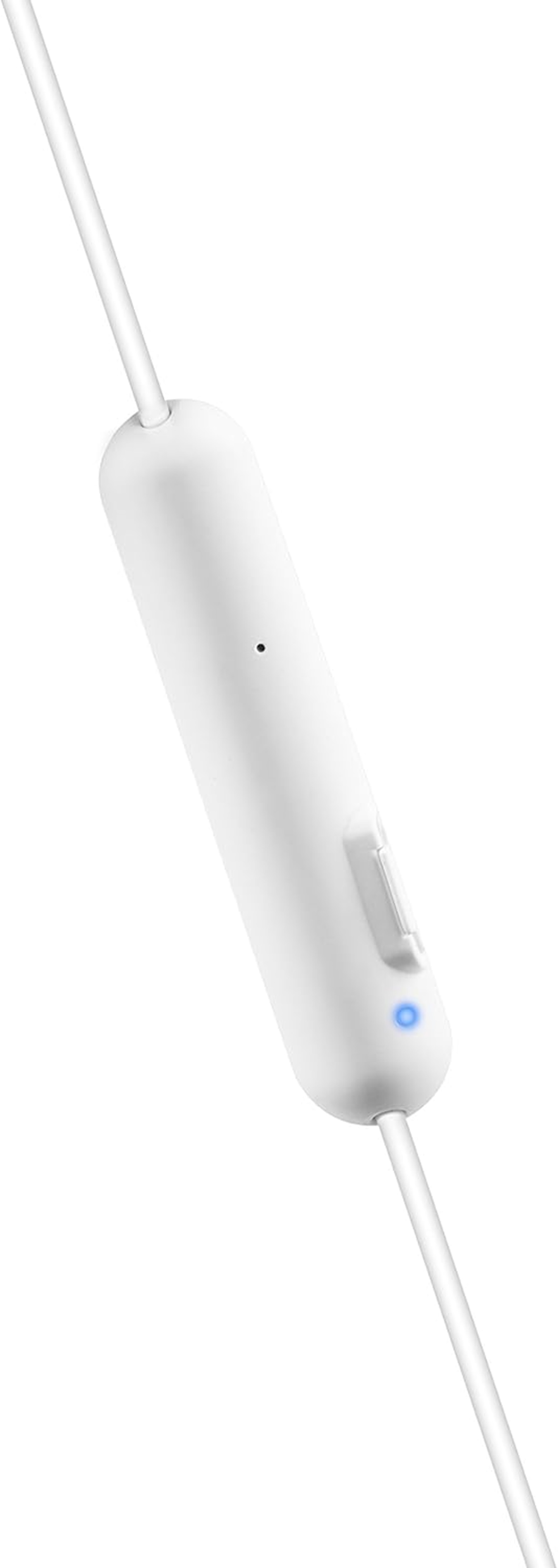 Un controllo in linea bianco per auricolari, con un pulsante, un puntino e una luce blu, su sfondo bianco.