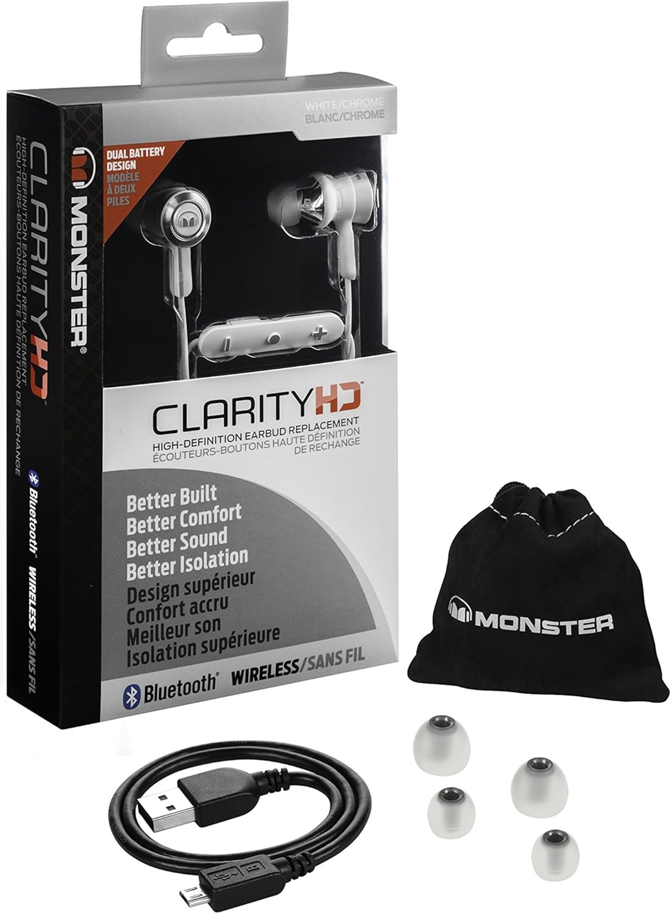 Set di auricolari Monster ClarityHD in scatola. Include auricolari, borsa, punte extra e cavo USB. La scatola è bianca e nera.