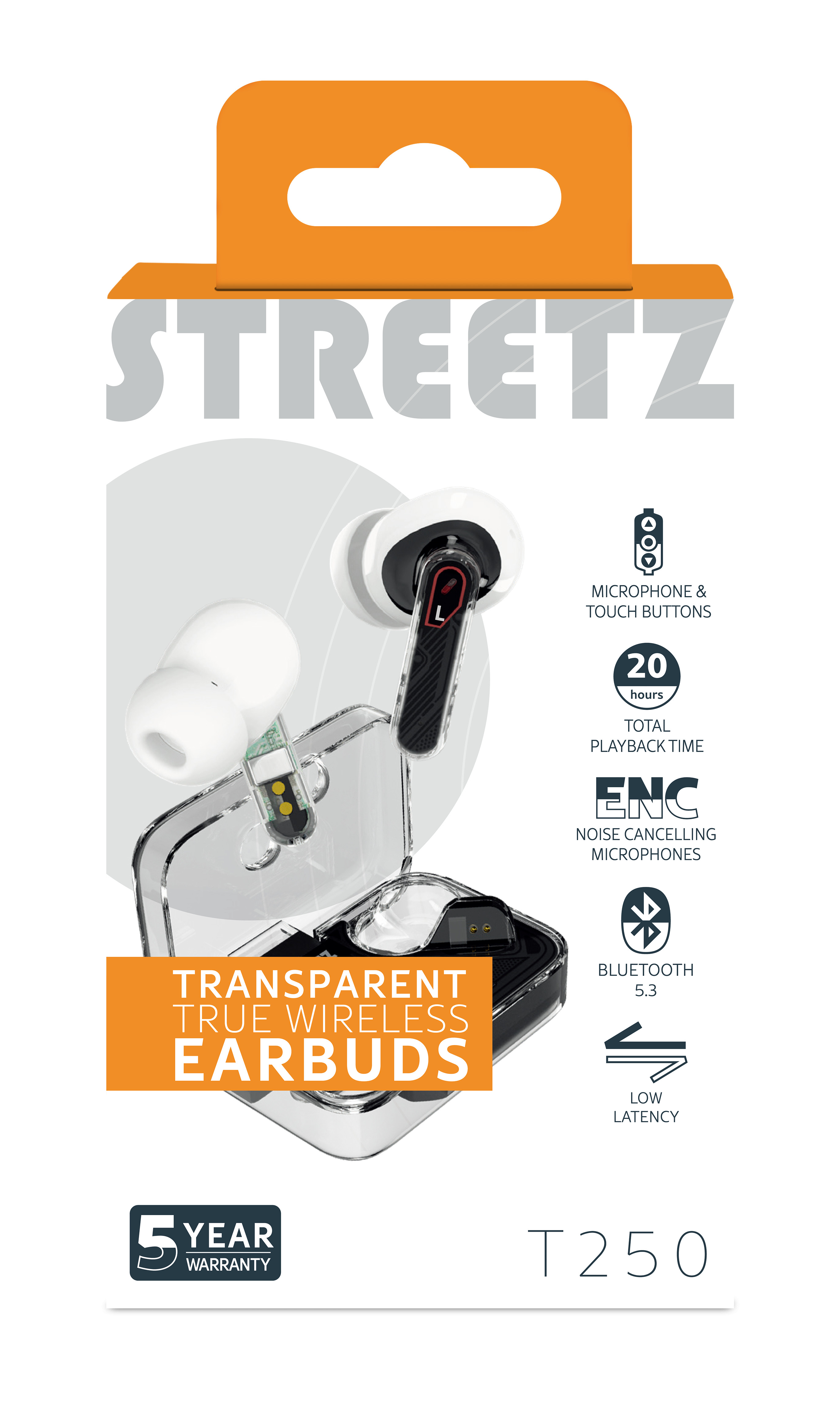 Scatola del prodotto con auricolari Streetz. Le caratteristiche includono cancellazione del rumore, Bluetooth 5.3 e 20 ore di riproduzione. 5 anni di garanzia.