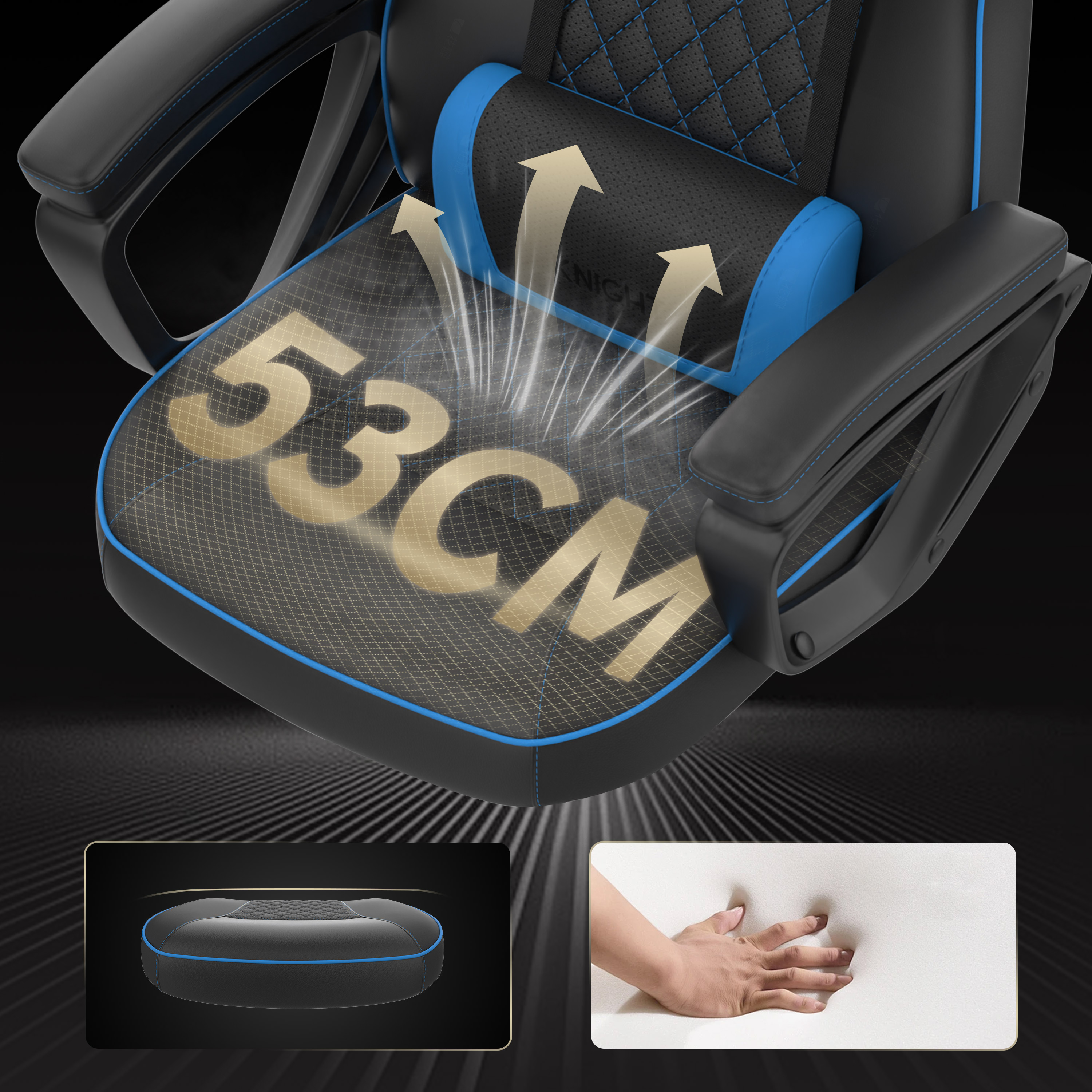 Un fauteuil de jeu avec des touches de bleu et le chiffre 53CM. Deux petites images montrent le siège et la mousse.