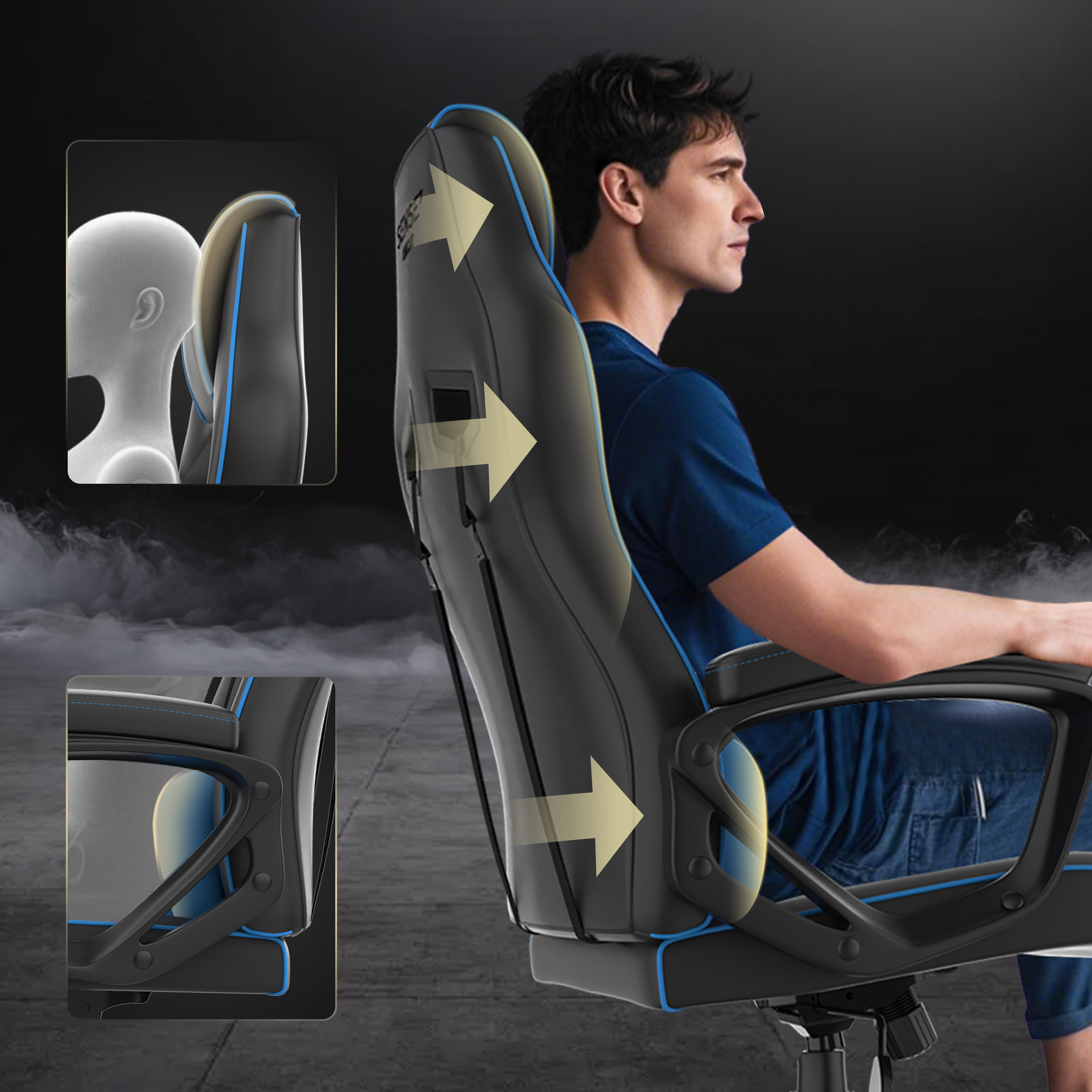 Un homme est assis dans une chaise de jeu noire et bleue, avec des schémas montrant sa conception.