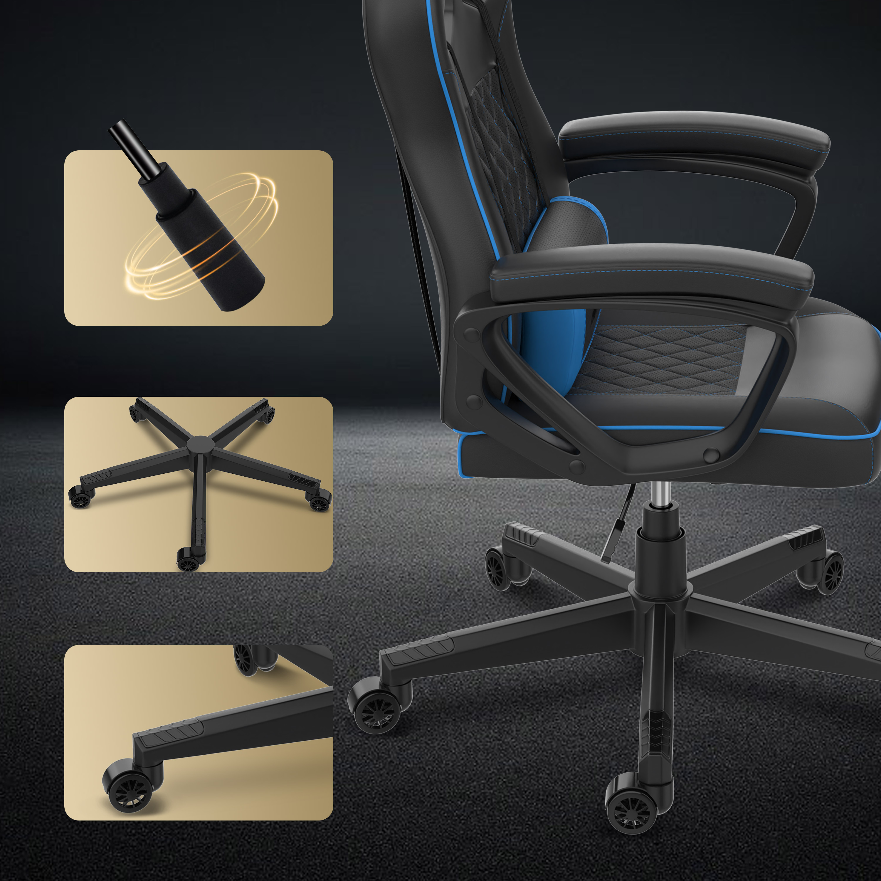 Chaise gaming noire et bleue avec des détails des composants. Caractéristiques: vérin à gaz, base et roulettes.