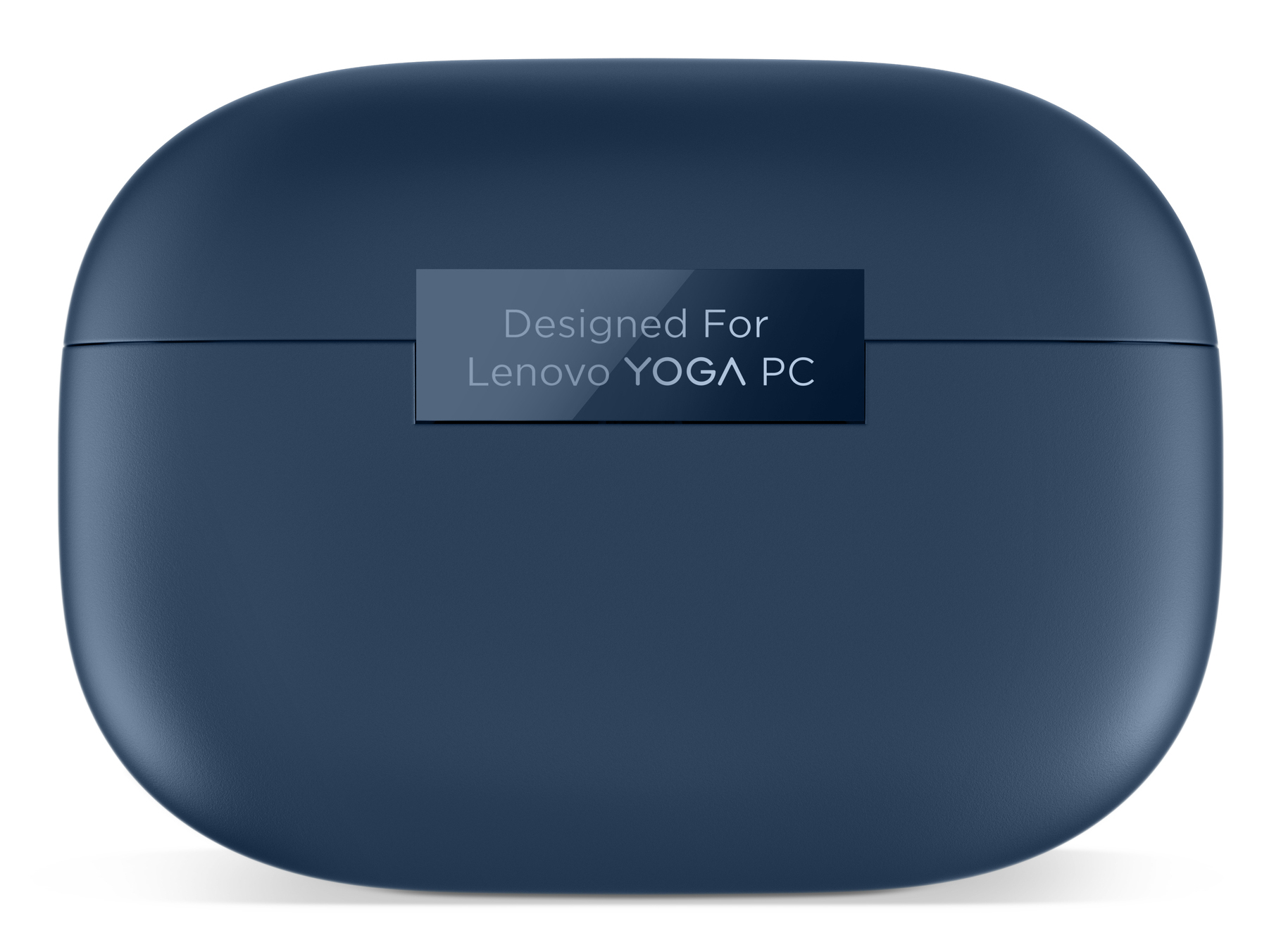 Ein marineblaues, abgerundetes Gehäuse mit einem rechteckigen Etikett mit der Aufschrift 'Designed For Lenovo YOGA PC'.