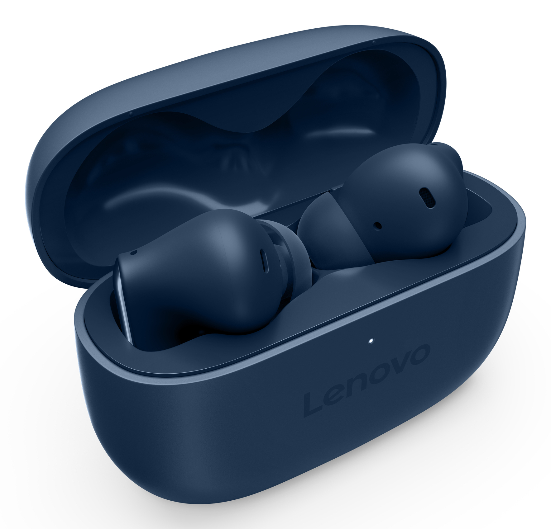 Marineblaue Lenovo-Ohrhörer in einem offenen Ladekoffer. Auf dem Etui steht das Lenovo-Logo.