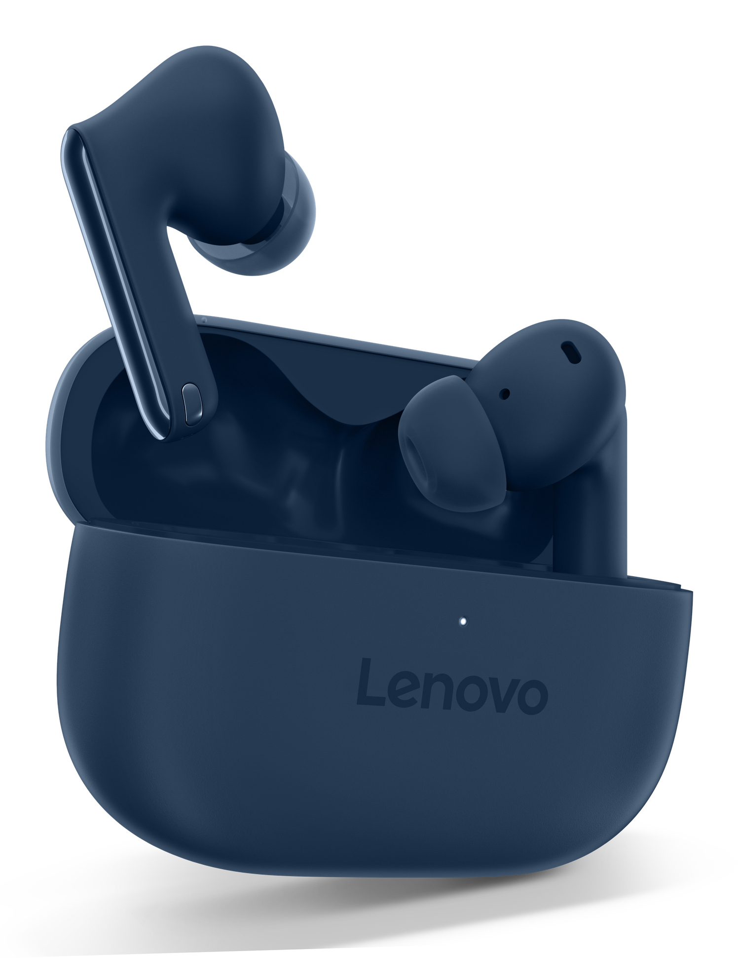 Marineblaue Lenovo-Ohrhörer in einem offenen Etui. Das Etui hat das Lenovo-Logo. Zwei Ohrhörer sind draußen.