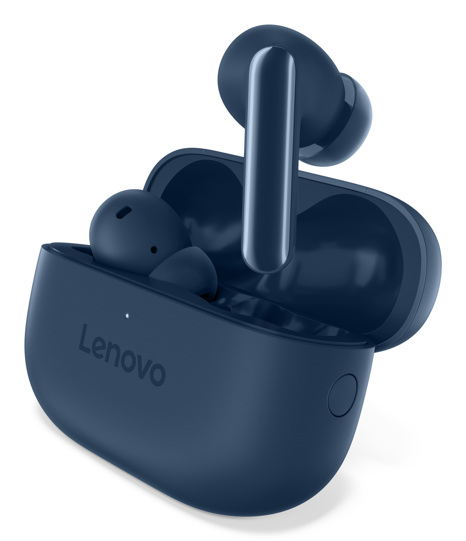 Marineblaue Lenovo-Ohrhörer mit Ladecase, ein Ohrhörer draußen. Weißer Hintergrund. Das Case ist offen.