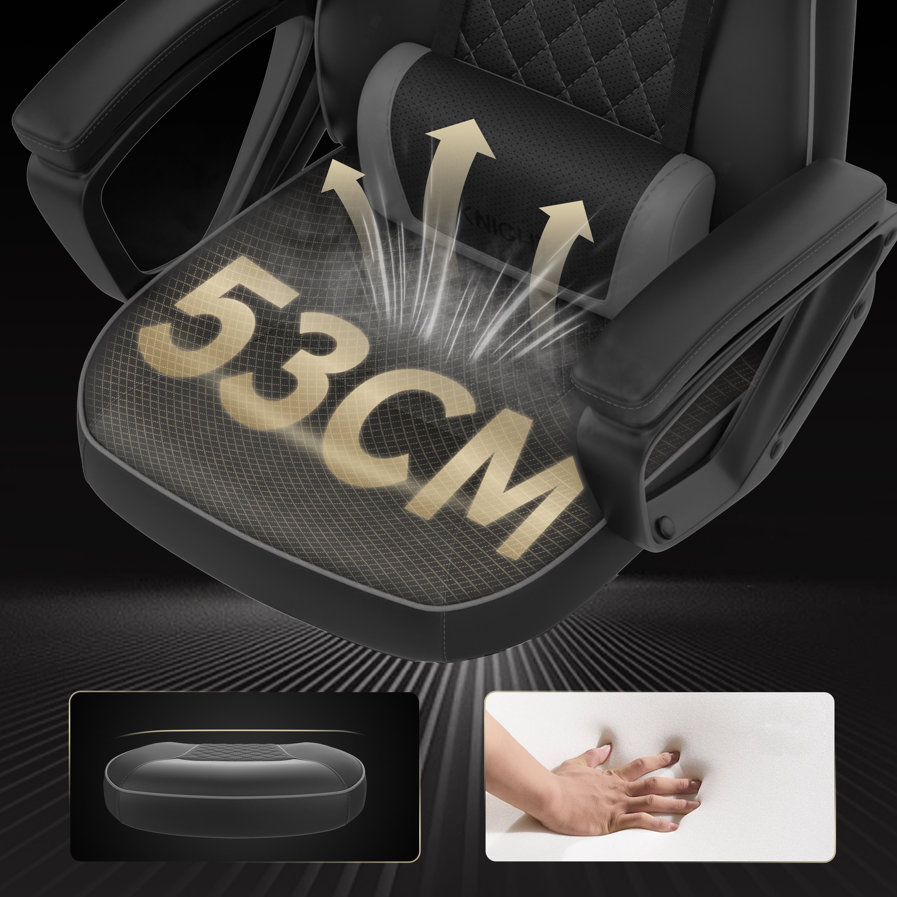 Chaise de jeu noire avec texte 53CM. Les flèches indiquent le flux d'air. Petites images insérées montrent les détails de la chaise et le test de mousse.