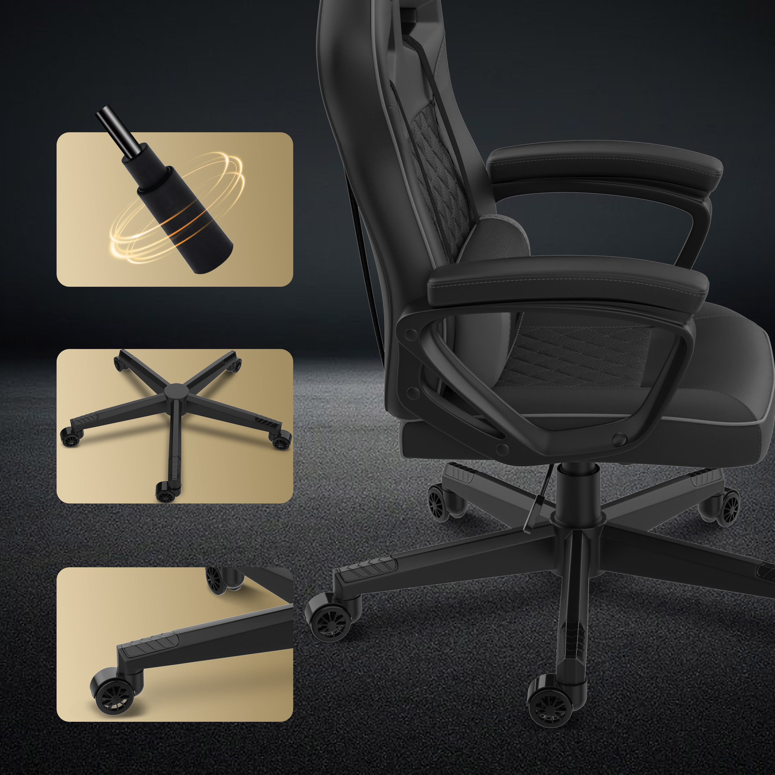 Chaise gaming noire avec gros plans sur les composants : roues, vérin à gaz et base. Fond sombre.