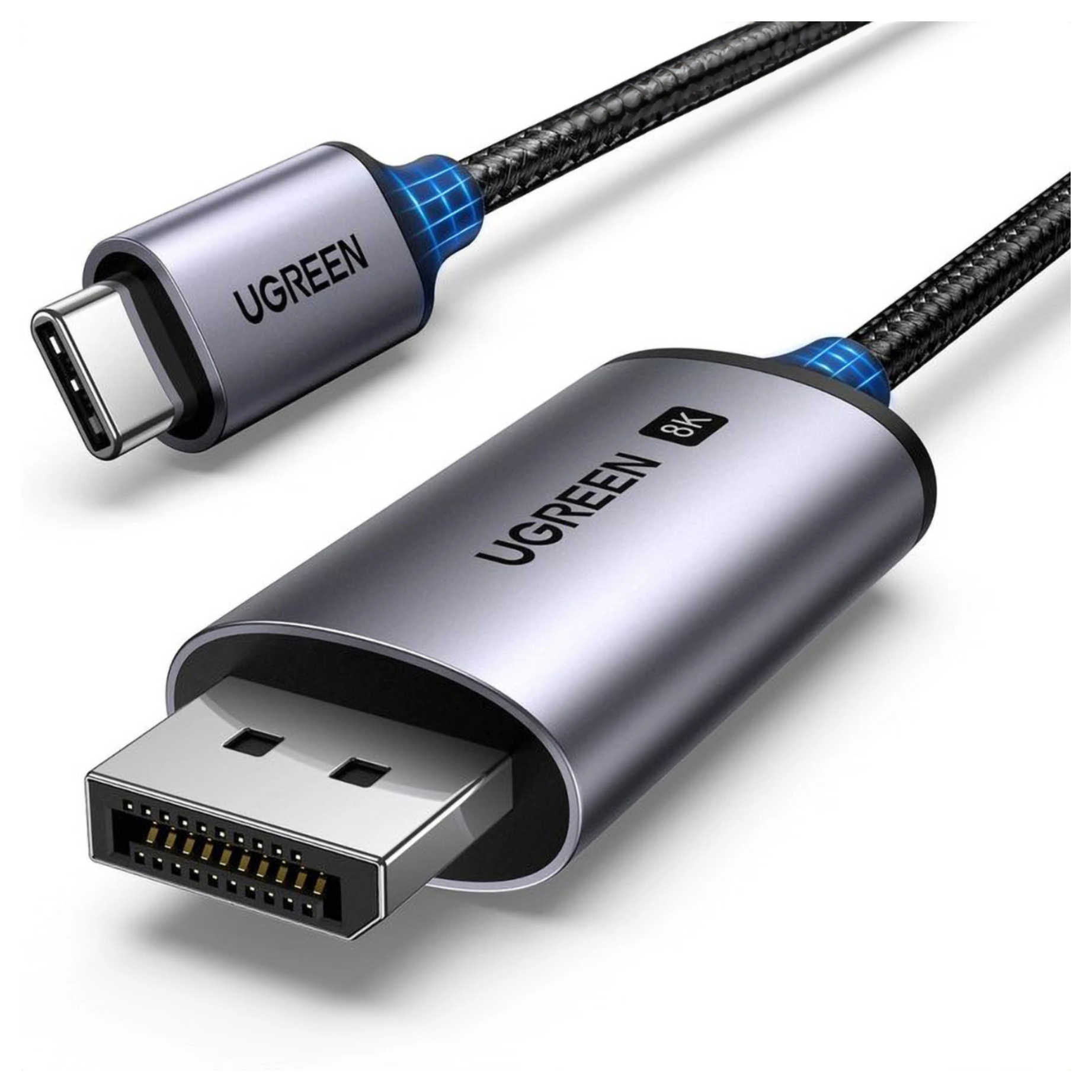 Kabel Ugreen USB-C do DisplayPort. Srebrne złącza z czarnym kablem. Jeden koniec to USB-C, drugi DisplayPort.