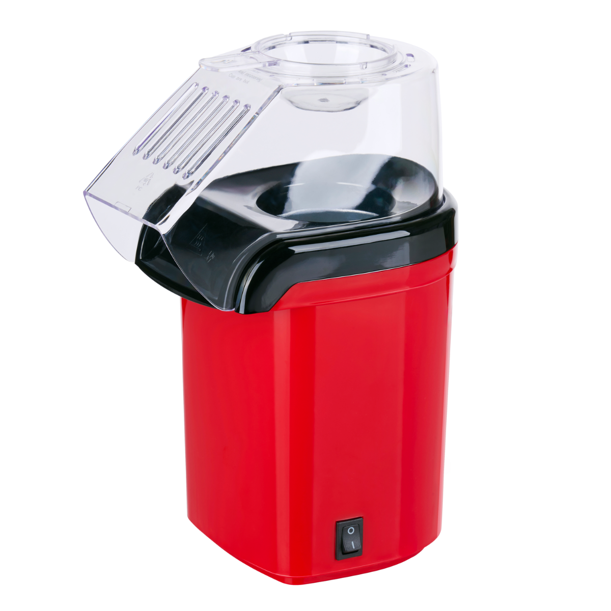 A red and black popcorn maker with a transparent top. It has an on/off switch and is against a white background.