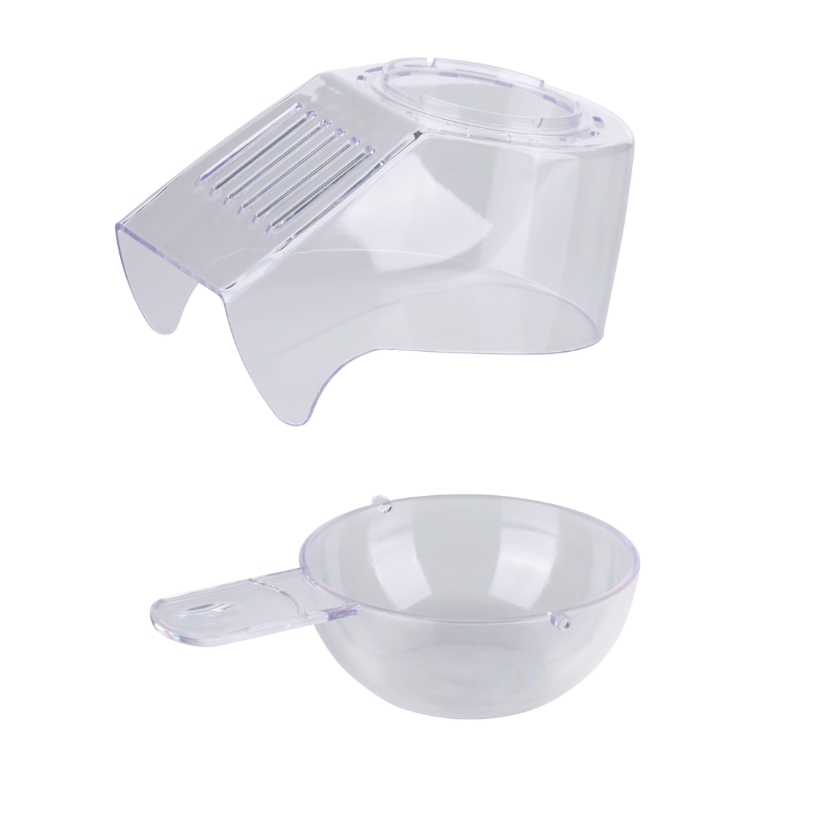 Clear plastic popcorn maker parts. Top piece has vents, bottom is a bowl with a handle. Isolated on a white background.