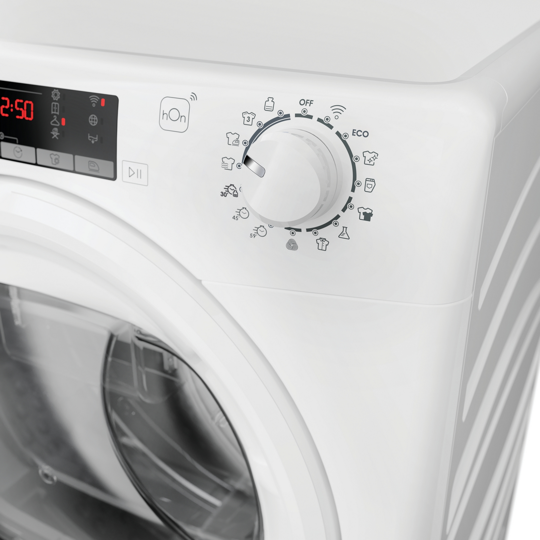 Zbliżenie panelu sterowania białej suszarki. Posiada wyświetlacz cyfrowy, pokrętło i różne symbole.