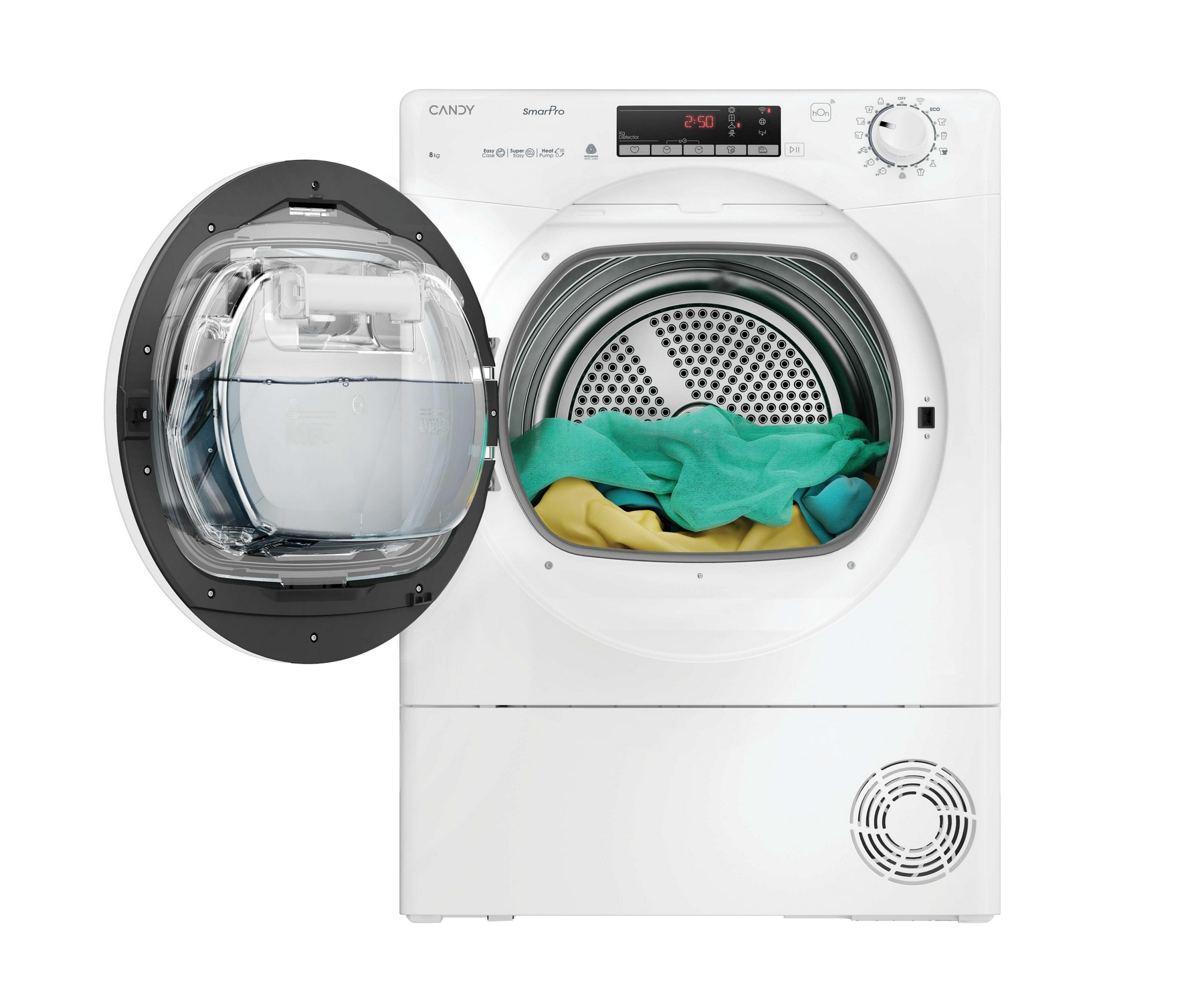 Biała suszarka Candy SmartPro z otwartymi drzwiami. W środku kolorowe ubrania. Widoczny pojemnik na wodę. Wyświetlacz pokazuje 2:50.