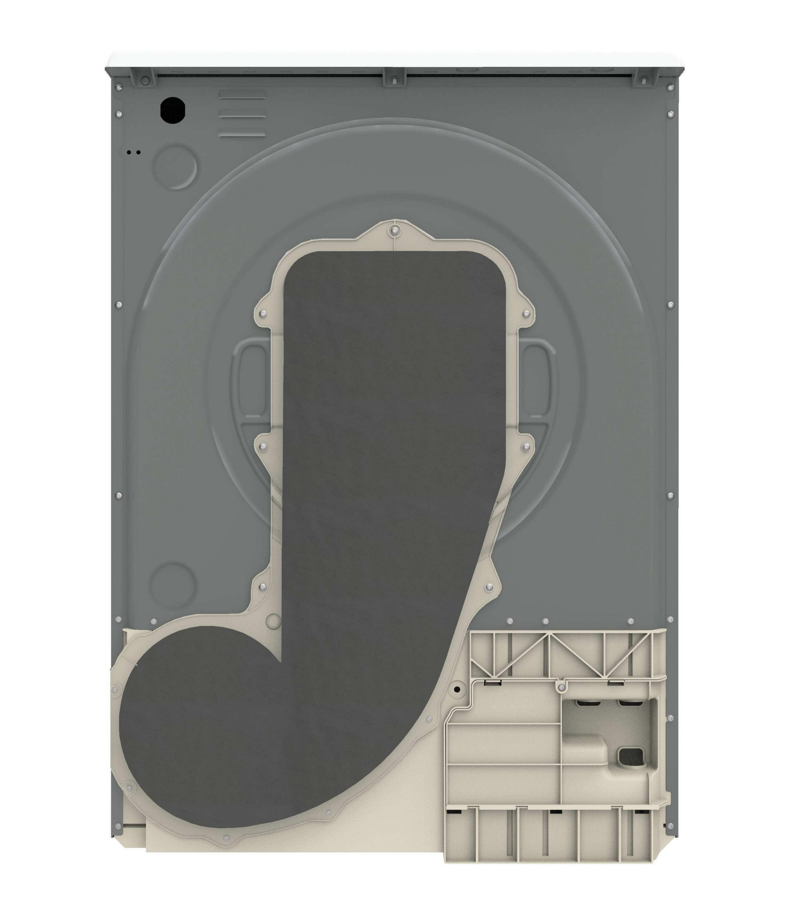 Widok z tyłu maszyny z szarymi i beżowymi elementami, w tym dużym, ciemnoszarym filtrem i białym blatem.