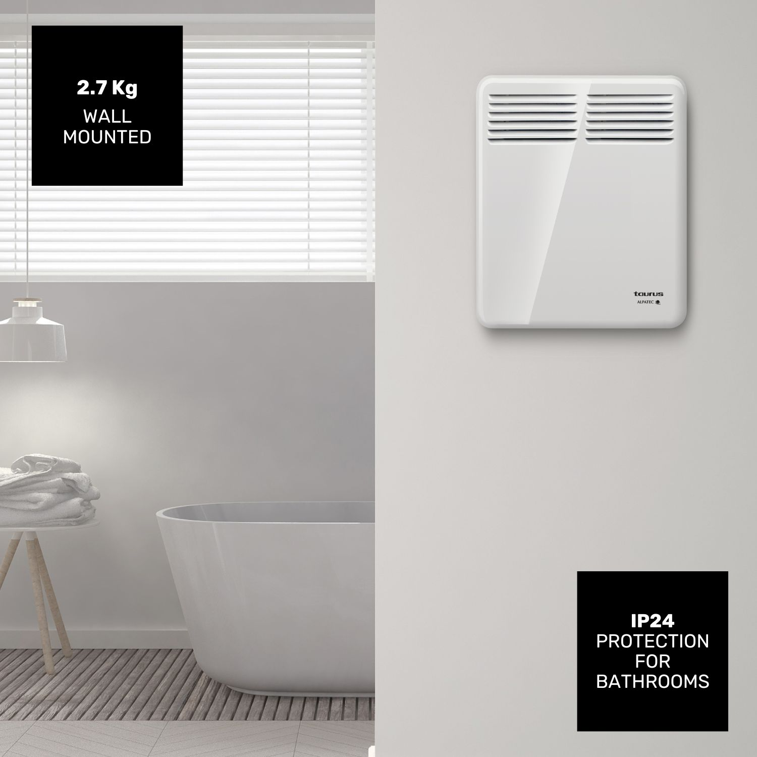 Un baño blanco con un calentador de pared. También son visibles una bañera, toallas y persianas. El texto dice: 2,7 Kg, Montado en pared, Protección IP24.