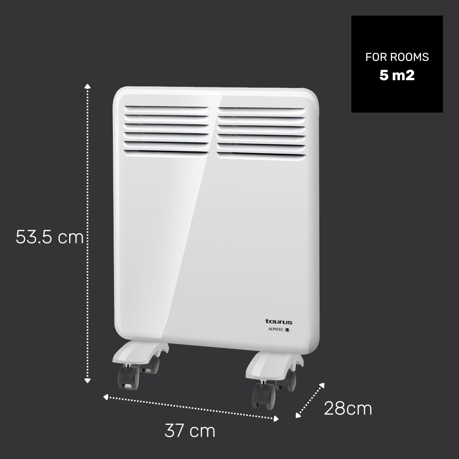 Un calentador eléctrico blanco sobre ruedas. Las dimensiones se indican con flechas: 53,5 cm de alto, 37 cm de ancho y 28 cm de profundidad. Fondo negro.